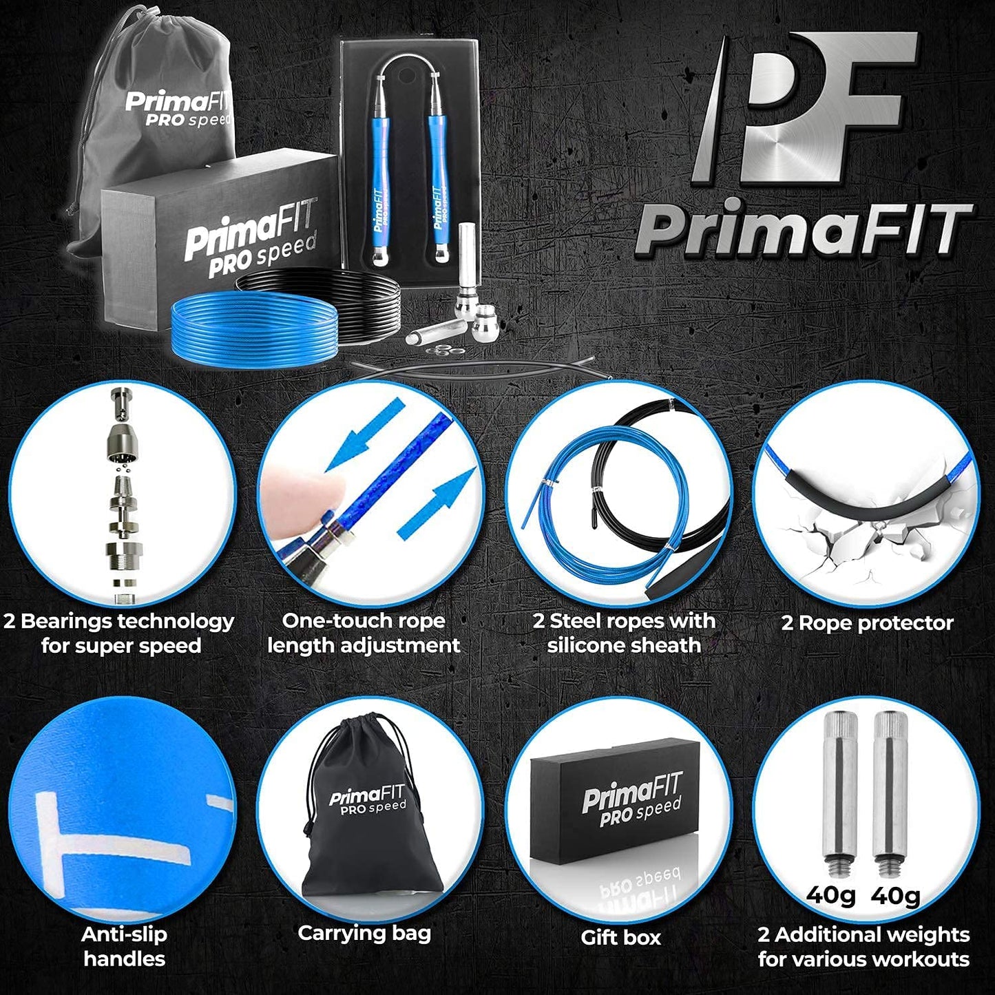 PrimaFIT Jump Rope Pro Speed Skipping Rope Adjustable Adult Jumping Rope Weighted Aluminium Handles for Double Dutch Boxing Workout Crossfit Exercise Fitness Spare Cable Weights Protectors Carry Bag
