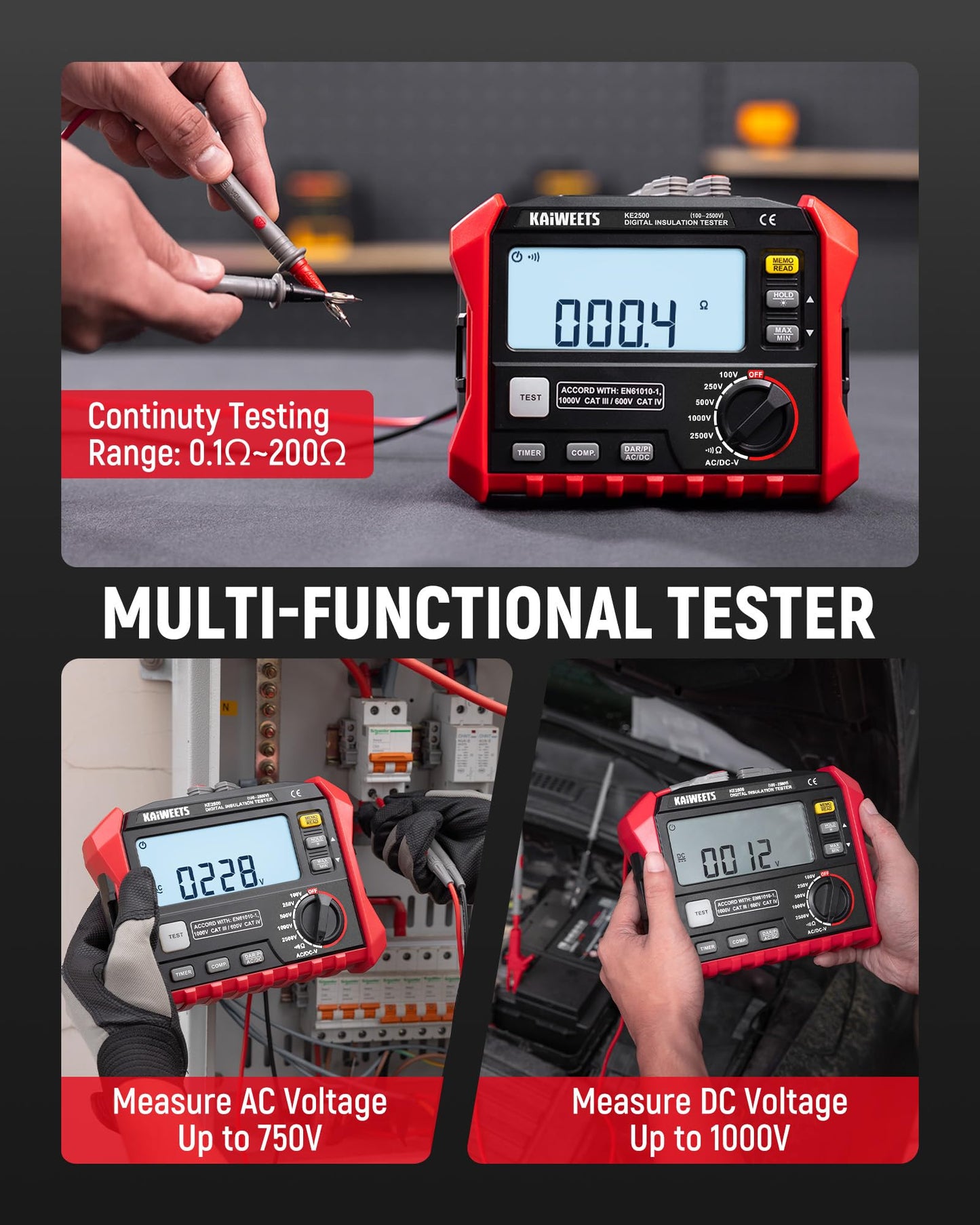 KAIWEETS Insulation Resistance Tester, Up to 200GΩ, Pro Megohmmeter, 5 Range 100V/250V/500V/1000V/2500V, One-Toch DAR/PI, Max/Min, Measures Resistance, AC/DC Voltage for HVAC, Motors, Solar, KE2500