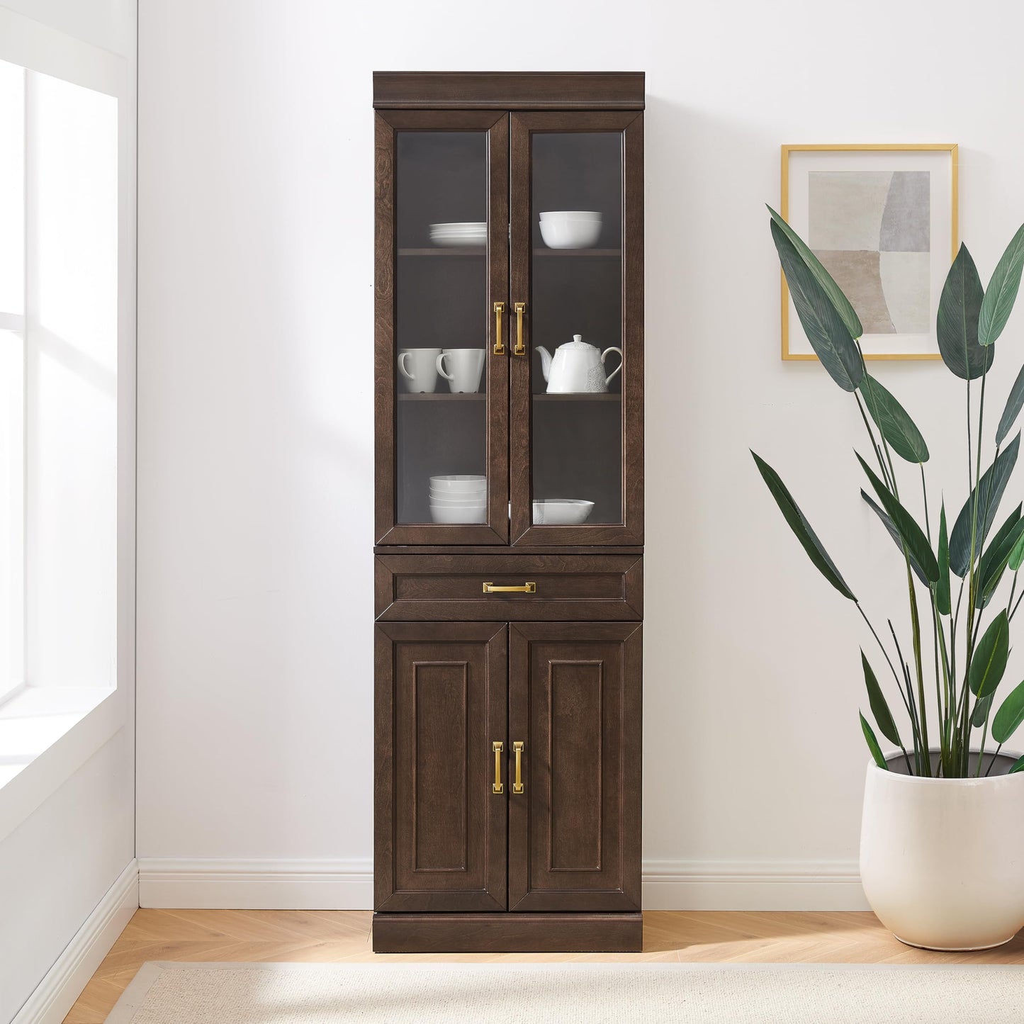 Crosley Furniture Stanton Glass Door Pantry Storage Cabinet with Shelves, Kitchen, Dining, or Laundry Room, Coffee