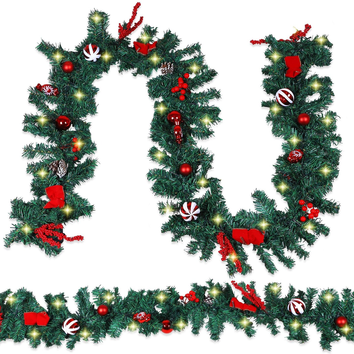 MorTime 2 Pack 9 FT LED Christmas Garland with Pinecones Red Berries Bows Christmas Balls Candies, Multi-Function Christmas Garland with 50 Warm White LED Lights, 180 Branch Tips