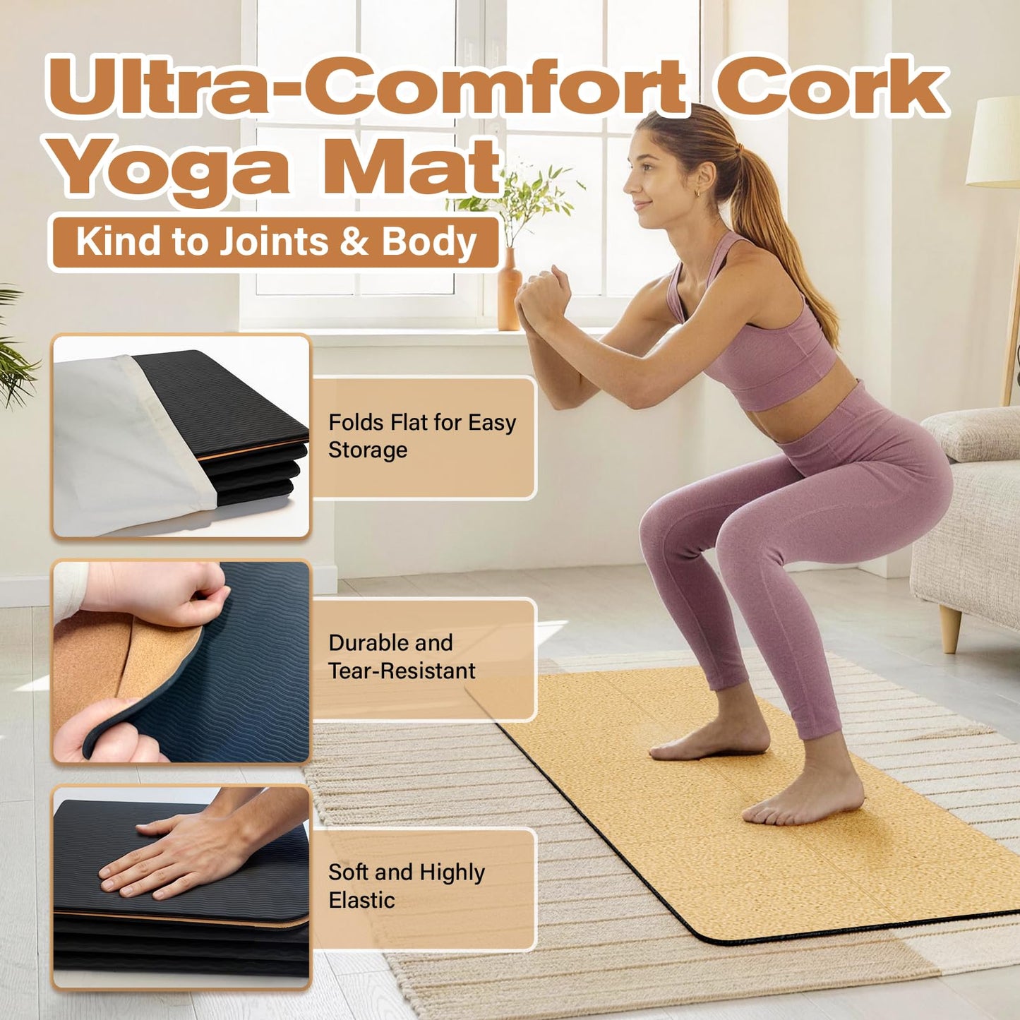LILXIU Foldable Cork Yoga Mat 72 * 24 in 4 mm Thick Sweat Resistant with Rubber Base Hot Yoga Mat with Storage Bag Lightweight Grip Mats for Travel and Pilates Fitness Home Workouts