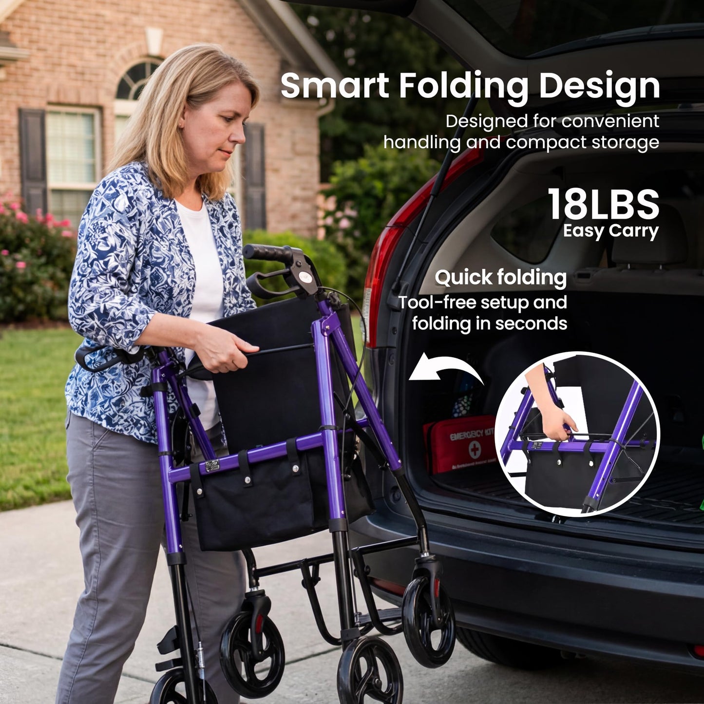 Metro Mobility 2 in 1 Rollator Walker & Transport Wheelchair, Foldable Lightweight Rollator Walker with Seat for Seniors, 8" Big Wheels for All Terrain, 300 lb. Weight Capacity, Purple