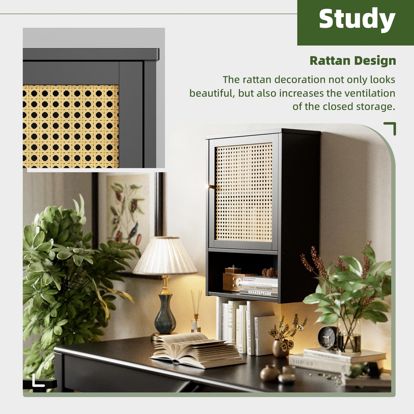 vovala Bathroom Wall Cabinet, Bamboo Over-The-Toilet Storage Organizer with Rattan Doors and Adjustable Shelf, Space Saver Medicine Cabinet for Laundry, Kitchen, Living Room (Black)