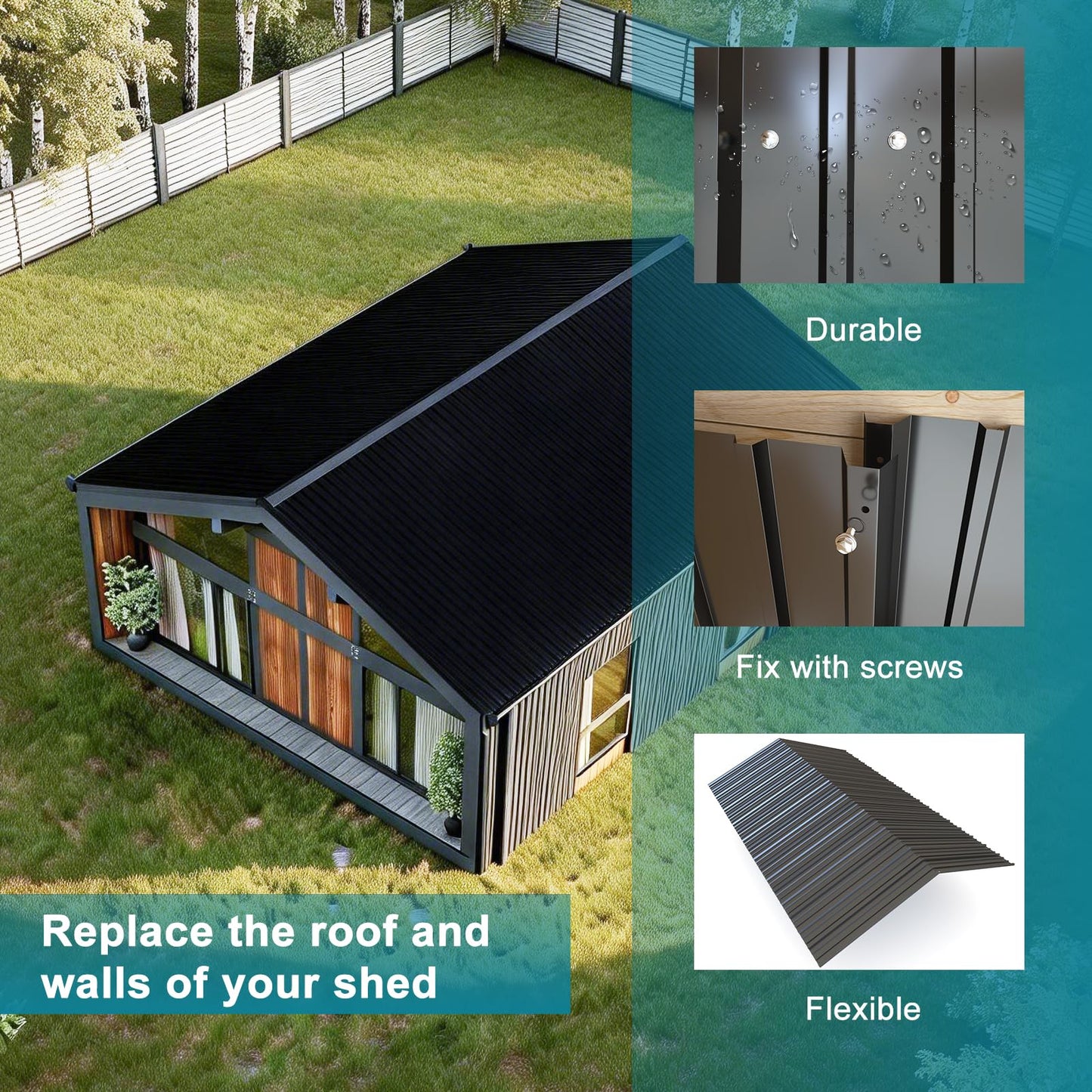 NeatiEase 20 Pcs Metal Roofing Panels, 6.1 Feet Corrugated Galvanized Roofing Panels Metal Siding Panels with Steel Screws for Pergola, Gazebo, Shed, Outdoor Storage, Chicken Coop,Garages (Black)
