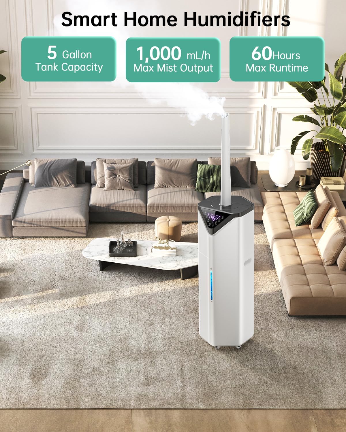 AERZY 5Gal Smart Humidifier Large Room up to 2800ft², 1000mL/h, APP & Remote Control, 180° Auto Rotating Nozzle, 24H Timer, 60H Supersized Cool Mist Humidifiers for Whole House Home Office Plants