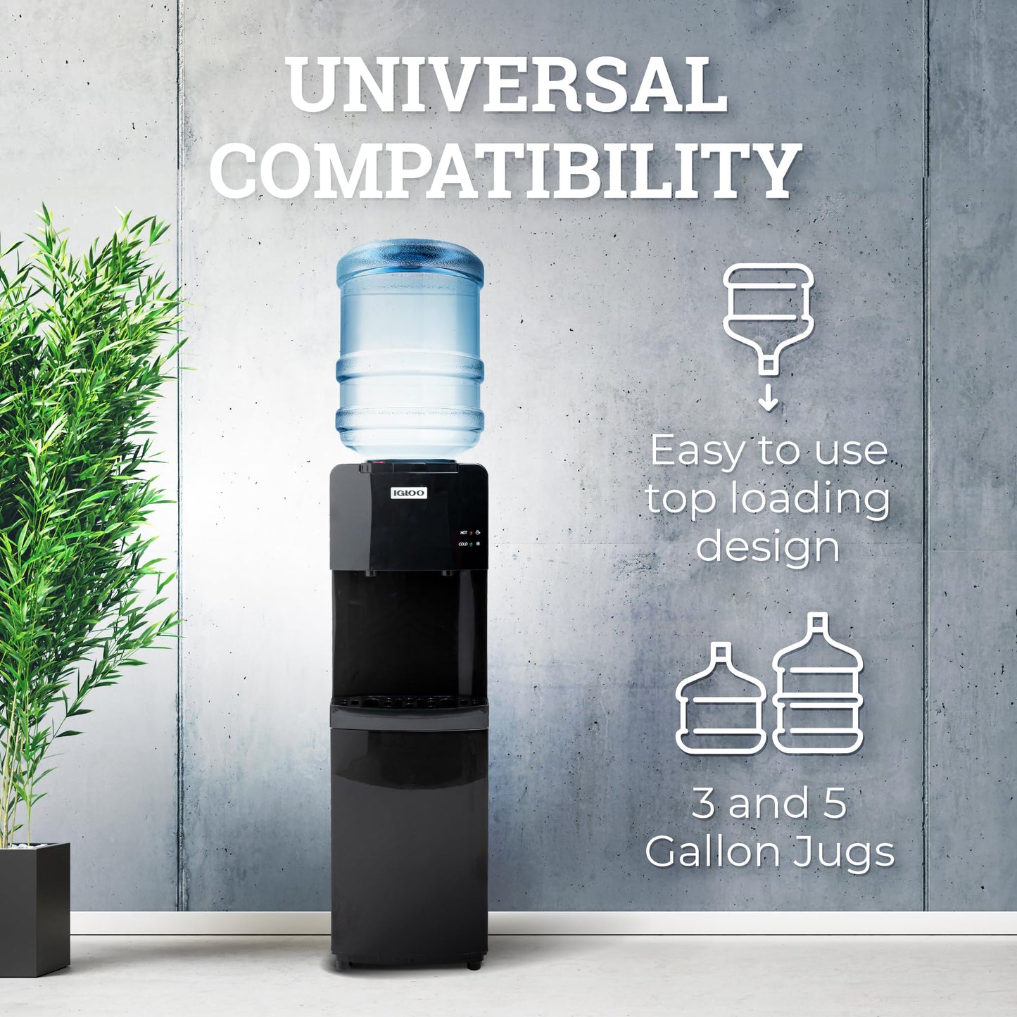 Igloo Top Loading Water Cooler with Removable Drip Tray & Energy-Saving Features- Water Tower with Hot, Cold Temperature Settings- Water Dispenser Fits 3 & 5-Gallon Jugs with Child Safety Lock- Black