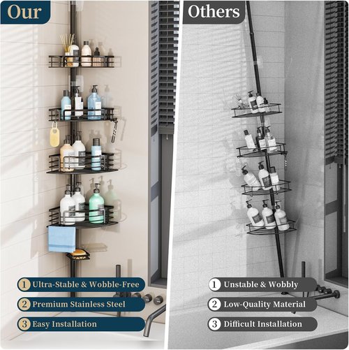 Consumest Corner Shower Caddy Tension Pole - Rustproof Adjustable Bath Organizer with Towel Bar & Soap Holder, 27.6-108.3 Inch, Black