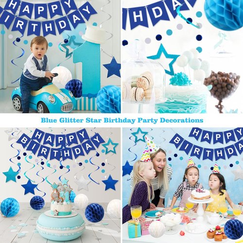 Meowtastic Birthday Decorations - Happy Birthday Banner with Honeycomb Balls & Stars | Blue Party Decor
