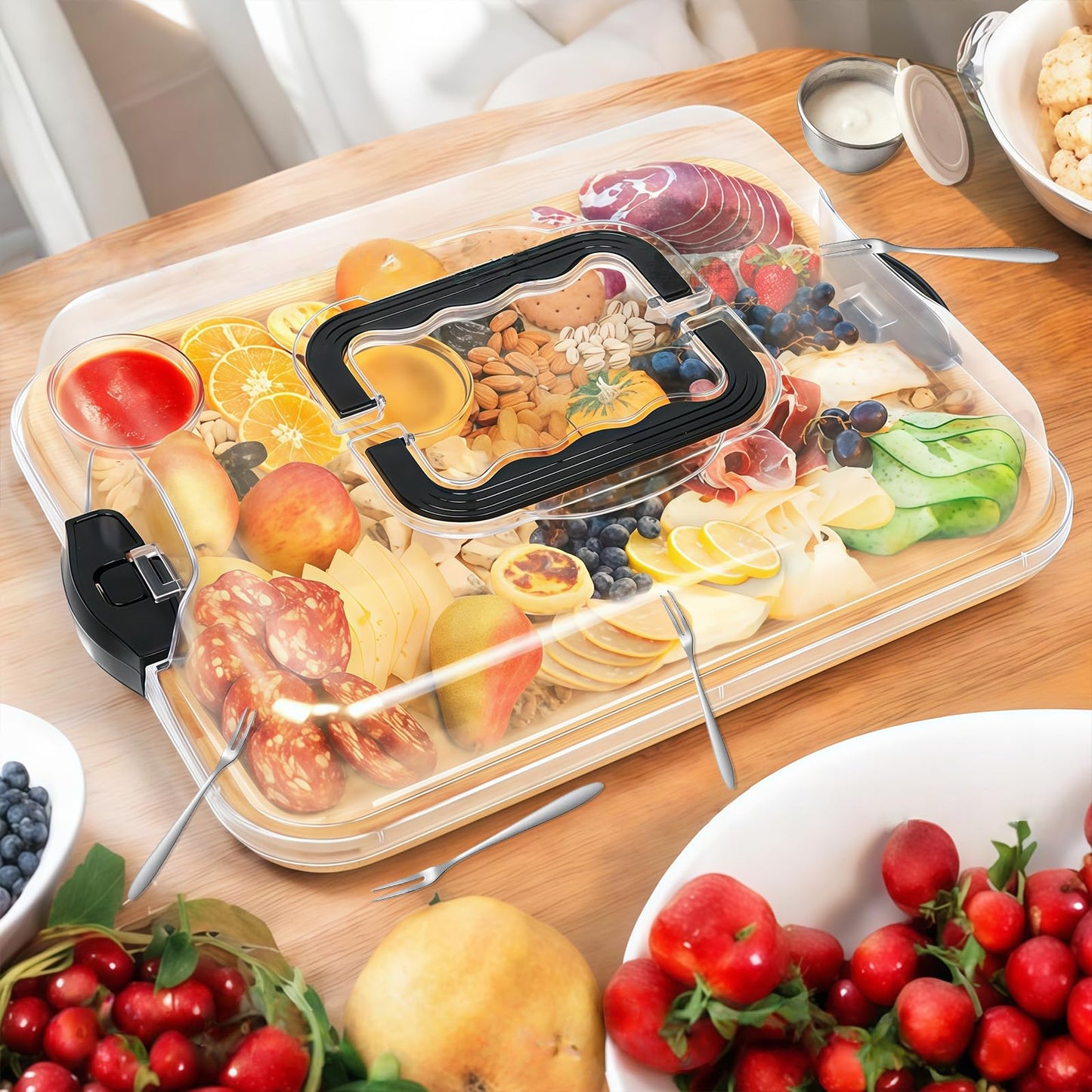 15×11" Charcuterie Boards with Lid, Bamboo Cheese Board Cutting Boards with Locking Clear Cover, Portable Serving Tray - 5 Compartments for Kitchen, Picnic, Party, Housewarming, Wedding Gift