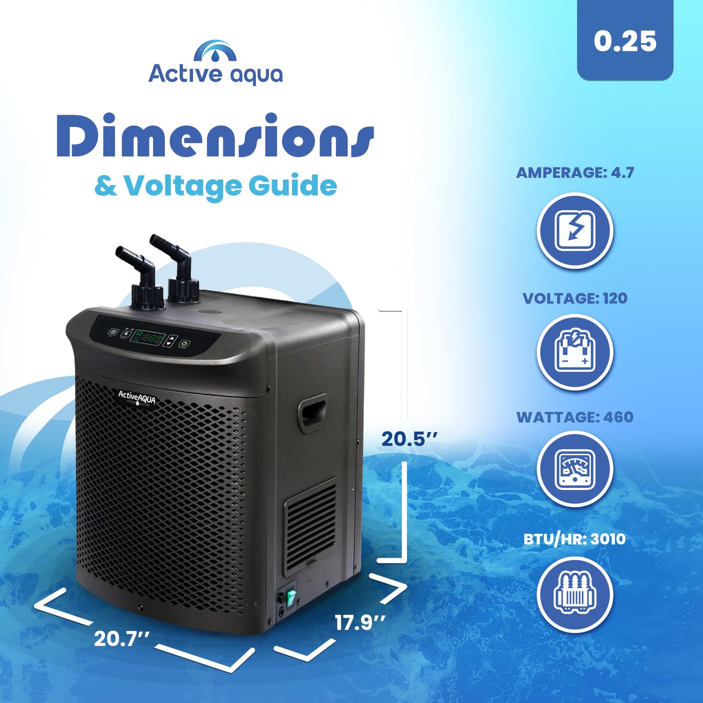 Active Aqua Hydroponic Water Chiller for Aquaponics, Plunge Baths and Aquariums, 0.25 HP - Portable Cooling System with Boost Function for 40-92 Gallon Reservoirs, Pure Titanium Evaporator Cooler