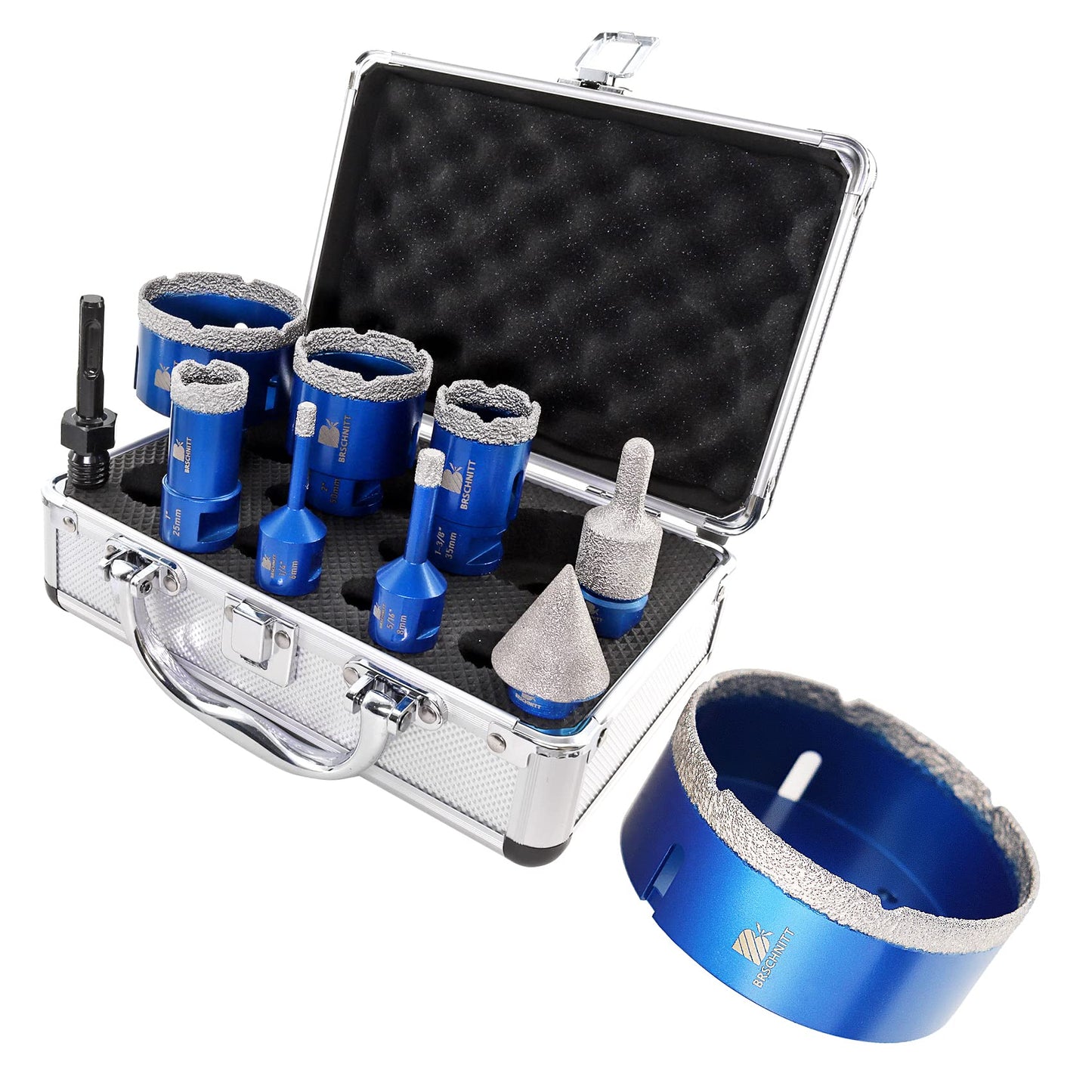 Diamond Core Drill Bit Set BRSCHNITT Diamond Hole Saw for Porcelain Tile Ceramic Marble Granite Drilling with 5/8-11 Thread(6/8/25/35/50/65/100mm Drill bits,10-25mm Finger bit+35mm Chamfer bit.