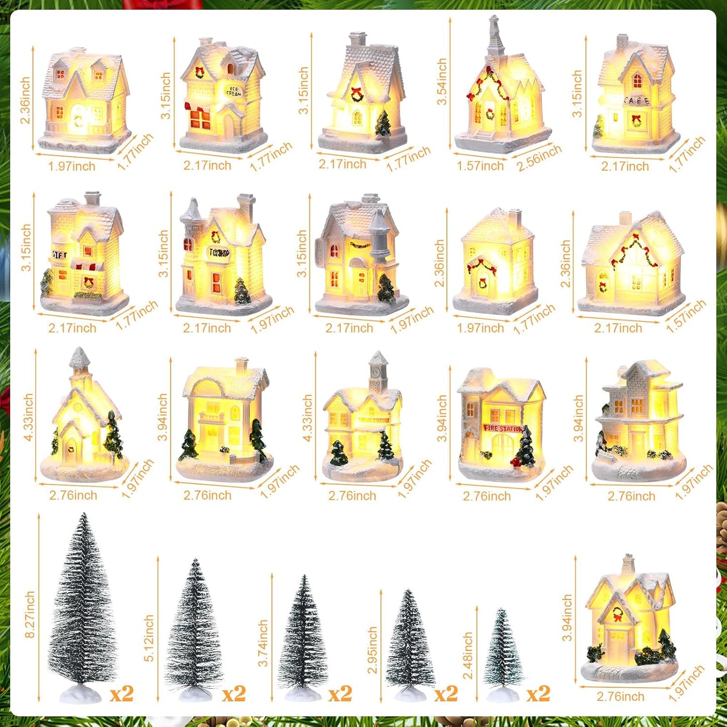 Vinsot 26 Pcs Resin Winter Miniature Village Set - Light Up LED Houses & Pine Trees for Holiday Decor