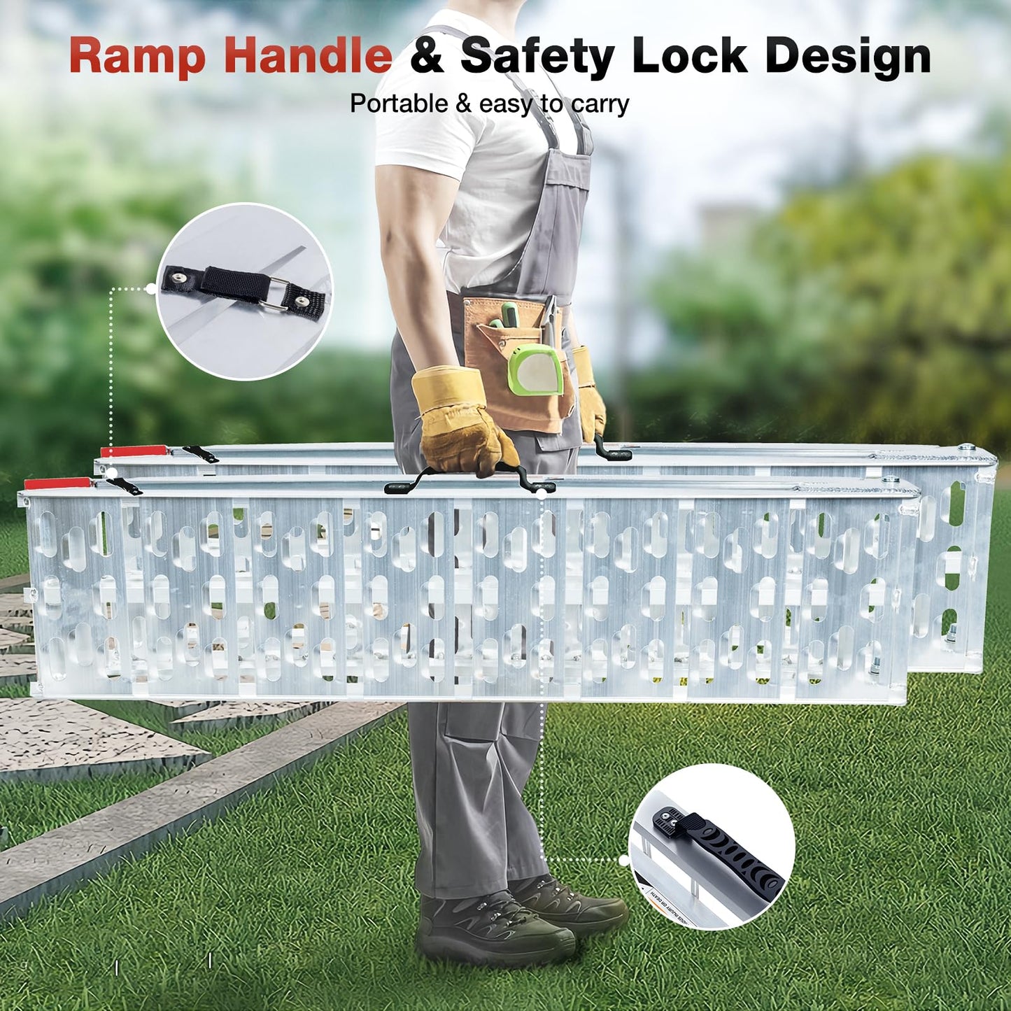 1840lb Capacity Truck Ramps, Aluminum Folding Loading Ramps for Car, Truck & Trailer Bed - with Load Straps for ATV/UTV, Golf Carts, Lawn Mowers, Go-Karts, Wheelbarrow, Motorcycles