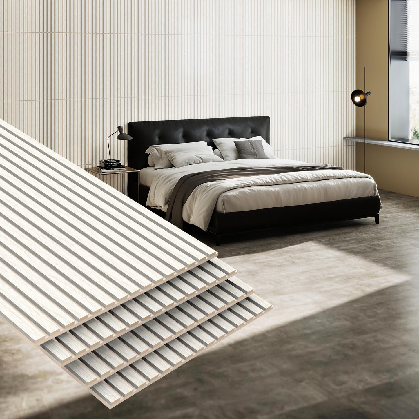 MISSDAY Wood Slat Acoustic Wall Panels, 4 Packs 47.2" x 23.6" White Soundproof Panel For Interior Wall Decor Noise Absorbing-3D Textured Wooden Panel Sound-Absorbing for Home, Office, Studio