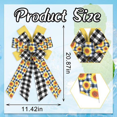 ABTOLS Large Spring Bows - Black White Buffalo Plaid & Yellow Floral Decor for Wreaths | Indoor/Outdoor Use
