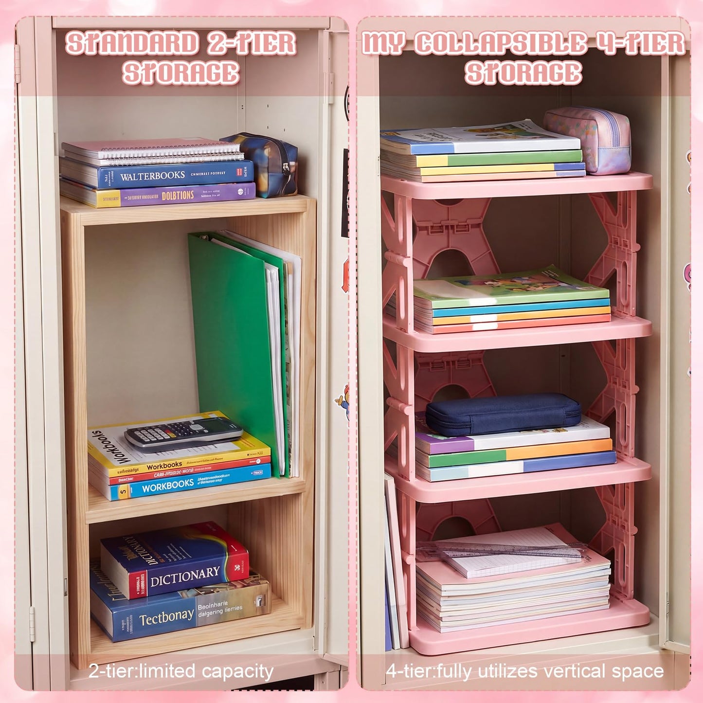 Lineshading 4 Tier Foldable Locker Organizer Shelf Foldable Storage Shelves Locker for School, Office, Gym Lockers, Dorm Room, Multi-Layer Shoe Gear Tower, Heavy-Duty No-Tool Portable Shelf(Pink)