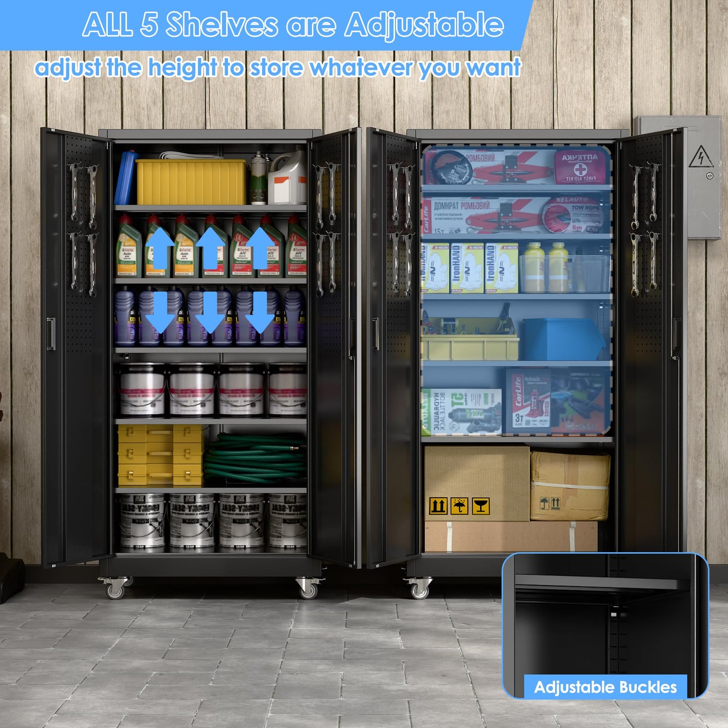 SUXXAN Heavy Duty Metal Storage Cabinet with Wheels and Pegboard, 71" Tall Industrial Steel Cabinet with 5 Adjustable Shelves & Locking Doors for Garage, Office, Pantry, Warehouse, Black