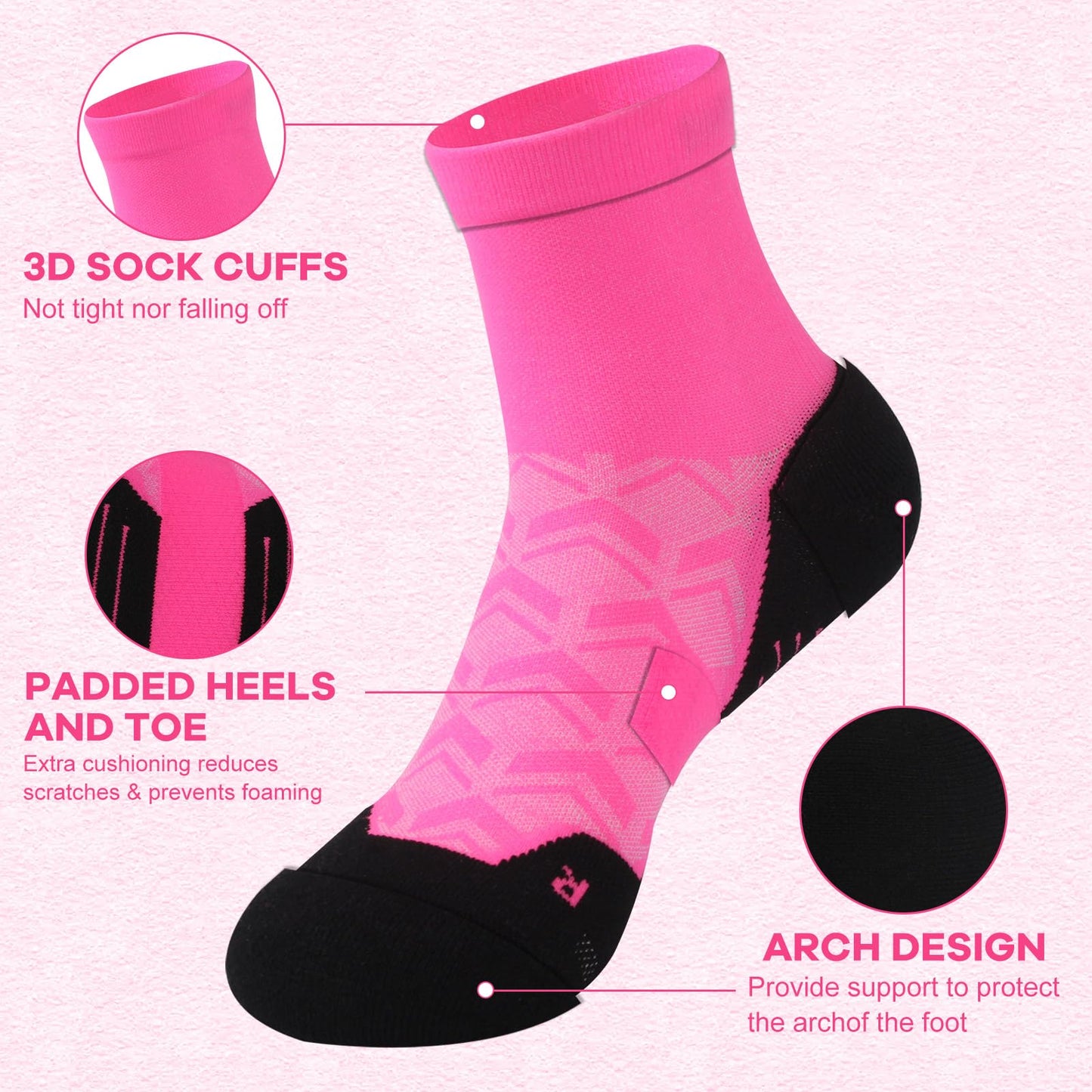 NIcool Athletic Socks Bright Pink For Womens, Cycling Socks For Men, Womens Pink Crew Socks, Mens Running Compression Socks Cushioned Mid-Calf Tennis Volleyball Neon Socks 3 Pair, Pink