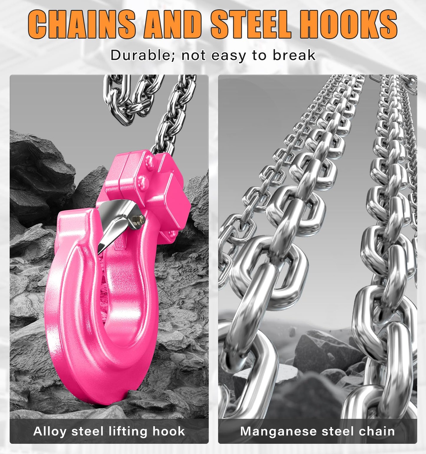 HUGOASIS Aluminum Alloy Hand Chain Hoist 2 Ton 4400lbs Capacity 10ft,Portable Dual Brake Chain Block with Galvanized Chain, 360° Swivel Hook for Garage Warehouse Construction, Workshop Lifting,Pink