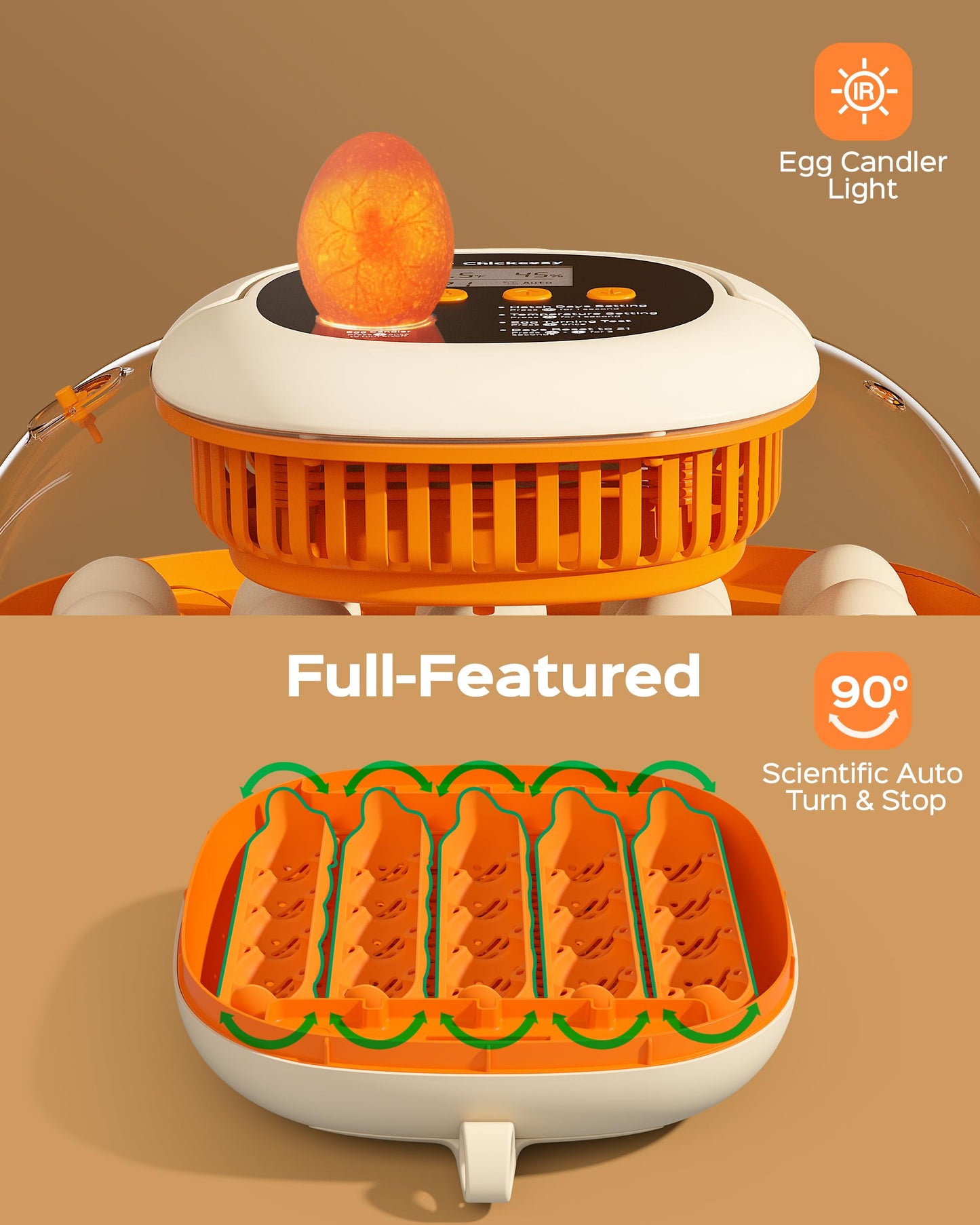 Chickcozy 25 Egg Incubator, Automatic Egg Turner with Thermometer Seat and Humidity Control, Egg Candler, 360° View with Clear Window, Incubators for Hatching Chicks (Sunlit Orange)