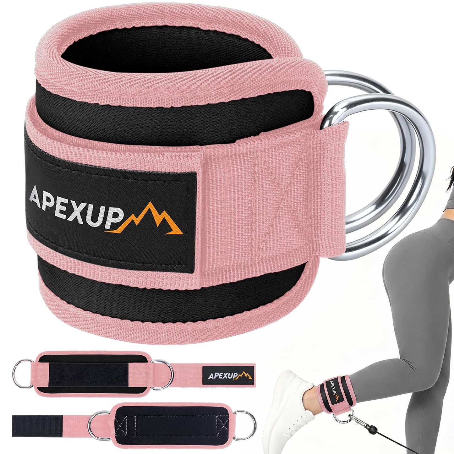 APEXUP Ankle Strap for Cable Machine, Ankle Resistance Bands, Cable Kick Back Straps for Gym, Glute Workouts, Leg Extensions, Adjustable Straps with Neoprene Padding (Single, Black+Pink)