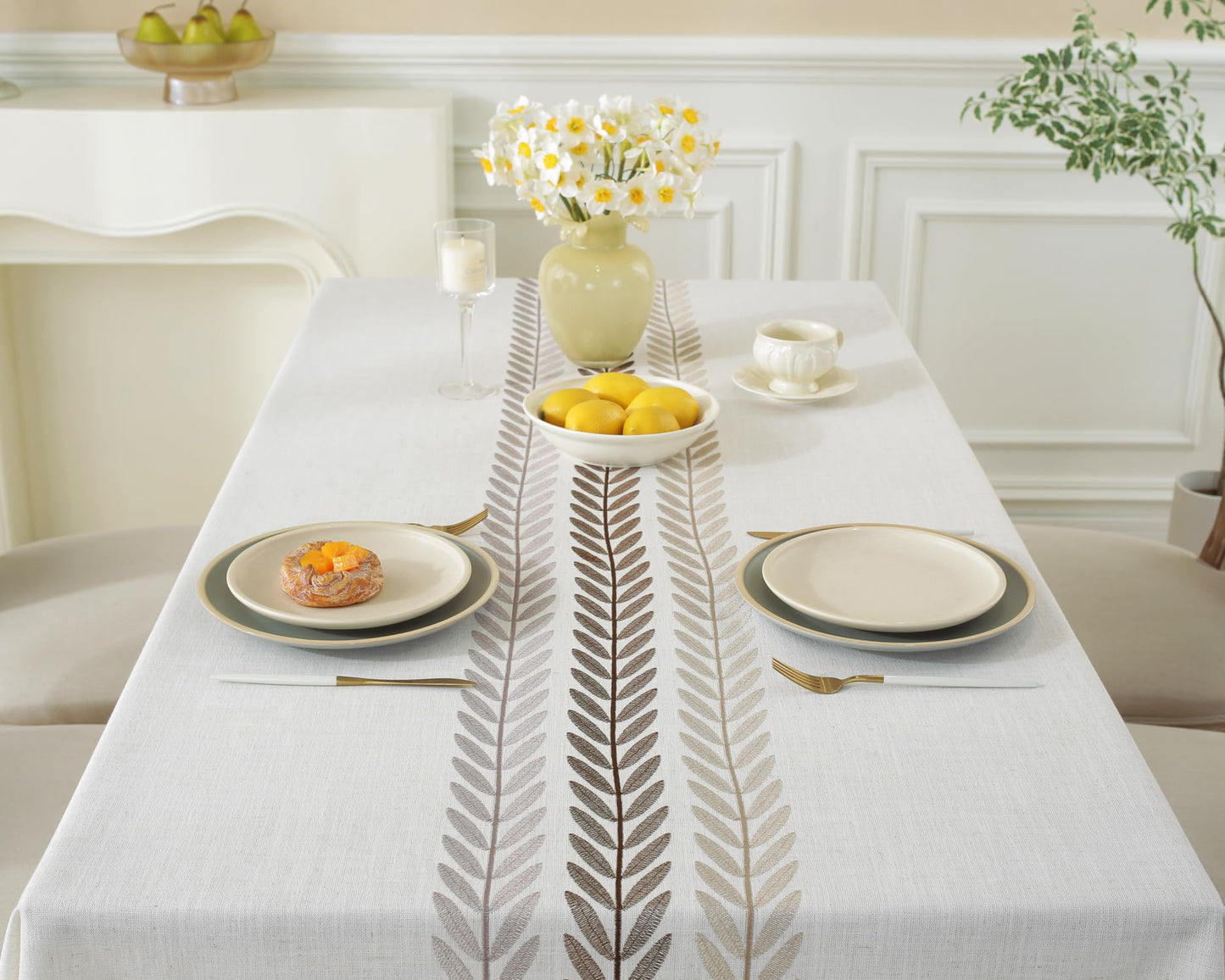 Alsoo Embroidered Tablecloth Square 55 x 55 Inch, Farmhouse Otanical Floral Table Cloth Waterproof Washable Cotton Linen Fabric for Kitchen Dining Festival