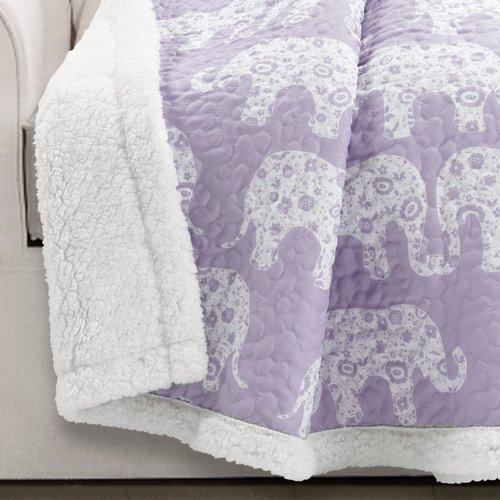 Lush Decor Elephant Parade Sherpa Throw Blanket 50" W x 60" L, Purple - Elephant Blanket for Kids - Plush Throw Blankets for Bed - Couch Blankets