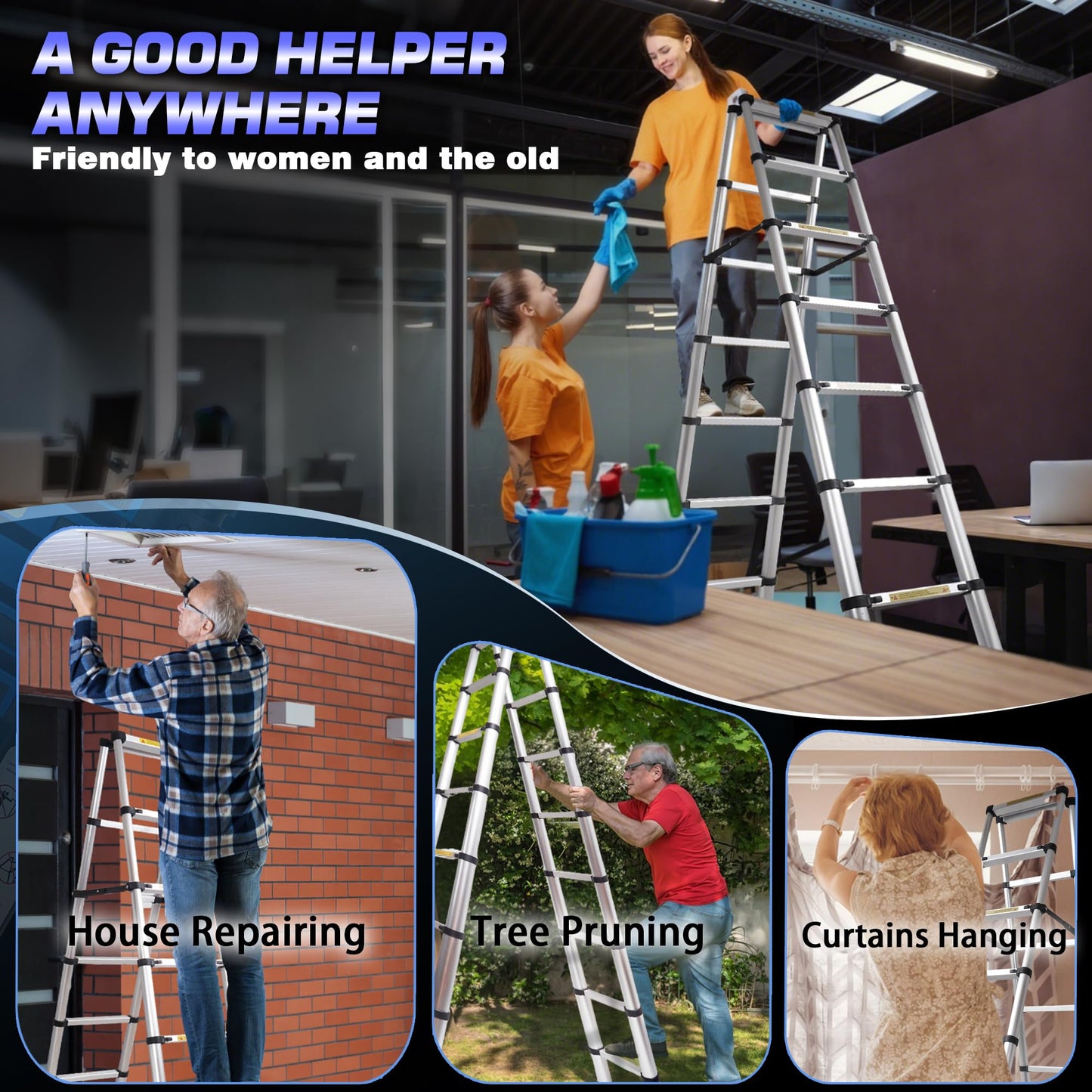 8.53 FT A-Frame Aluminium Telescoping Ladder,9+9 Step Ladder,330LB Load Capacity,Portable Telescopic Folding Extension Ladder Heavy Duty Collapsible (2.6m+2.6m/8.53FT+8.53FT A Frame)