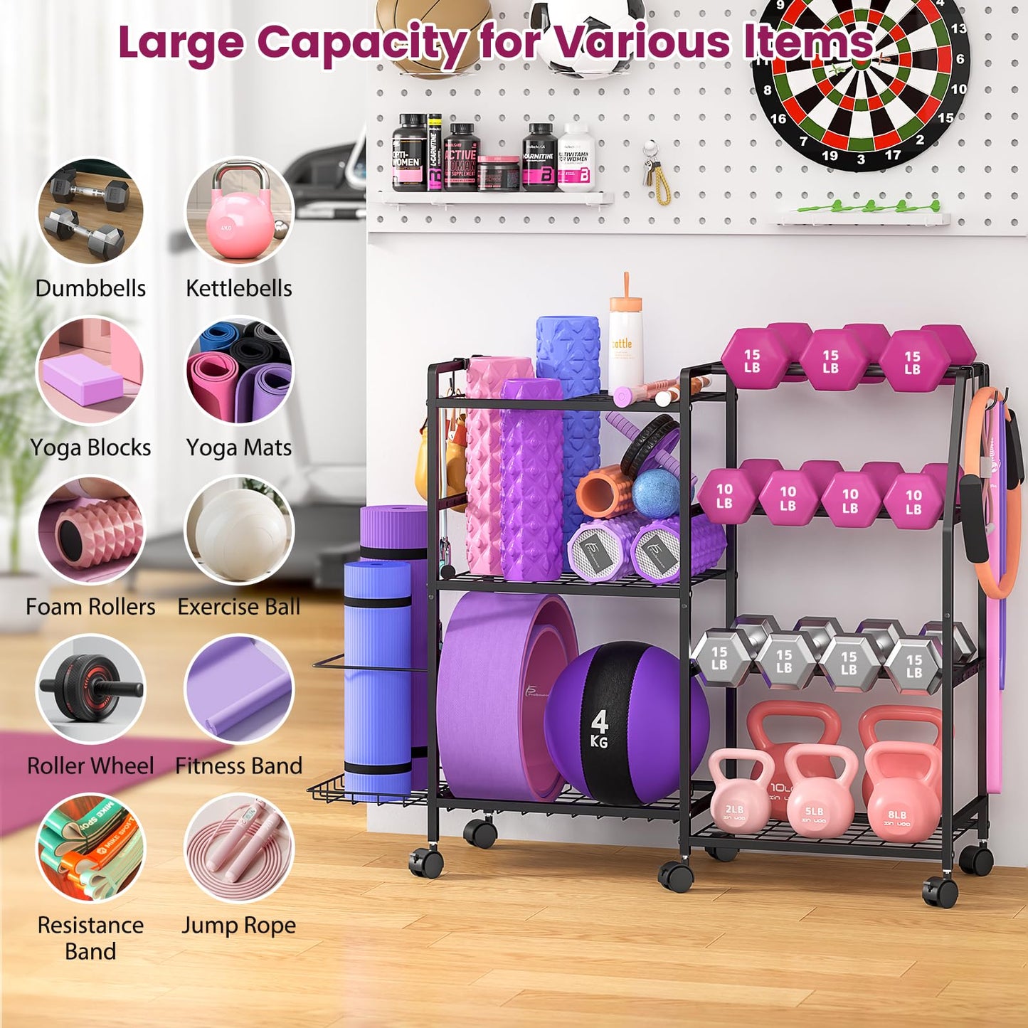 Dumbbell Rack, Weight Rack for Home Gym, Yoga Mat Storage Rack, Exercise Equipment Storage with Wheels and Hooks, Home Gym Equipment Organizer for Kettlebells