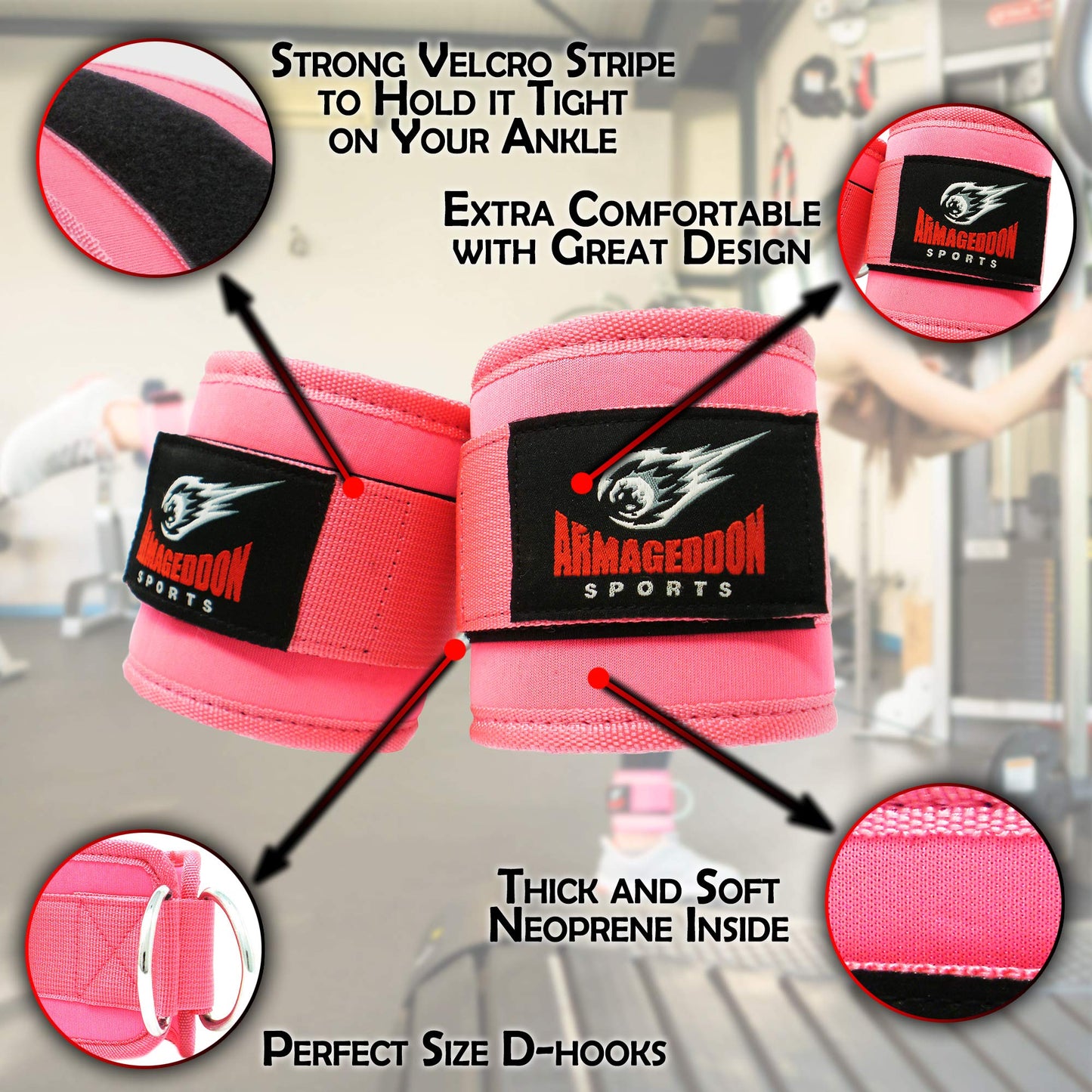 Pair of Quality Ankle Straps Double D-Rings for Cable Machines Attachment - Ankle Cuff for Leg Workout Equipment Exercise Machine - Ankle Cable Straps for Men and Women (PINK)