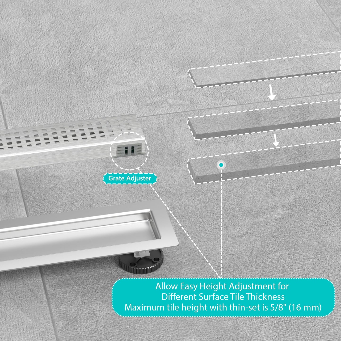36 inch Linear Shower Drain with Square Hole Pattern Grate Cover, Brushed 304 Stainless Steel Bonding Flange Linear Drain, Low Profile Linear Shower Drain with Hair Strainer