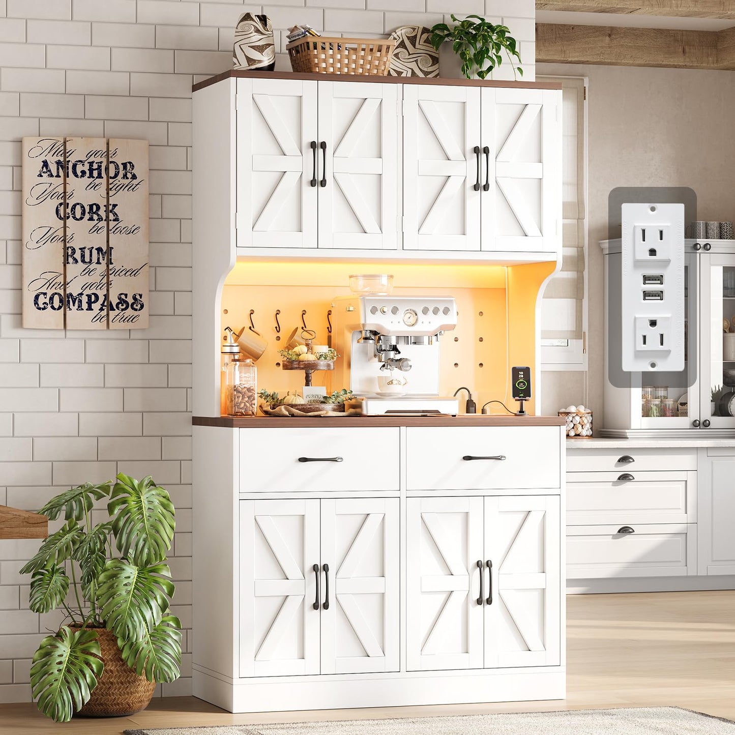 VK·LIVING 71" Kitchen Pantry Cabinet with LED Light & Charging Station, Farmhouse Storage Cabinet with Adjustable Shelves & 2 Drawers, Large Kitchen Pantry with Coffee Bar, White