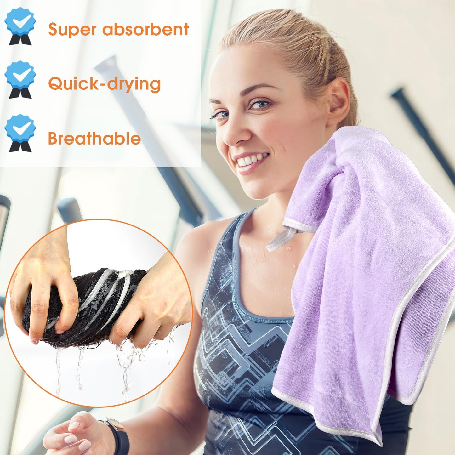 Hoiny 3 Pack Microfiber Gym Towels (14.2" x 30"), Super Soft, Quick Drying, Absorbent Towel for Fitness, Yoga, Swimming, Sports, Workout, Skin-Friendly for Women Men (Grey/Blue/Purple)
