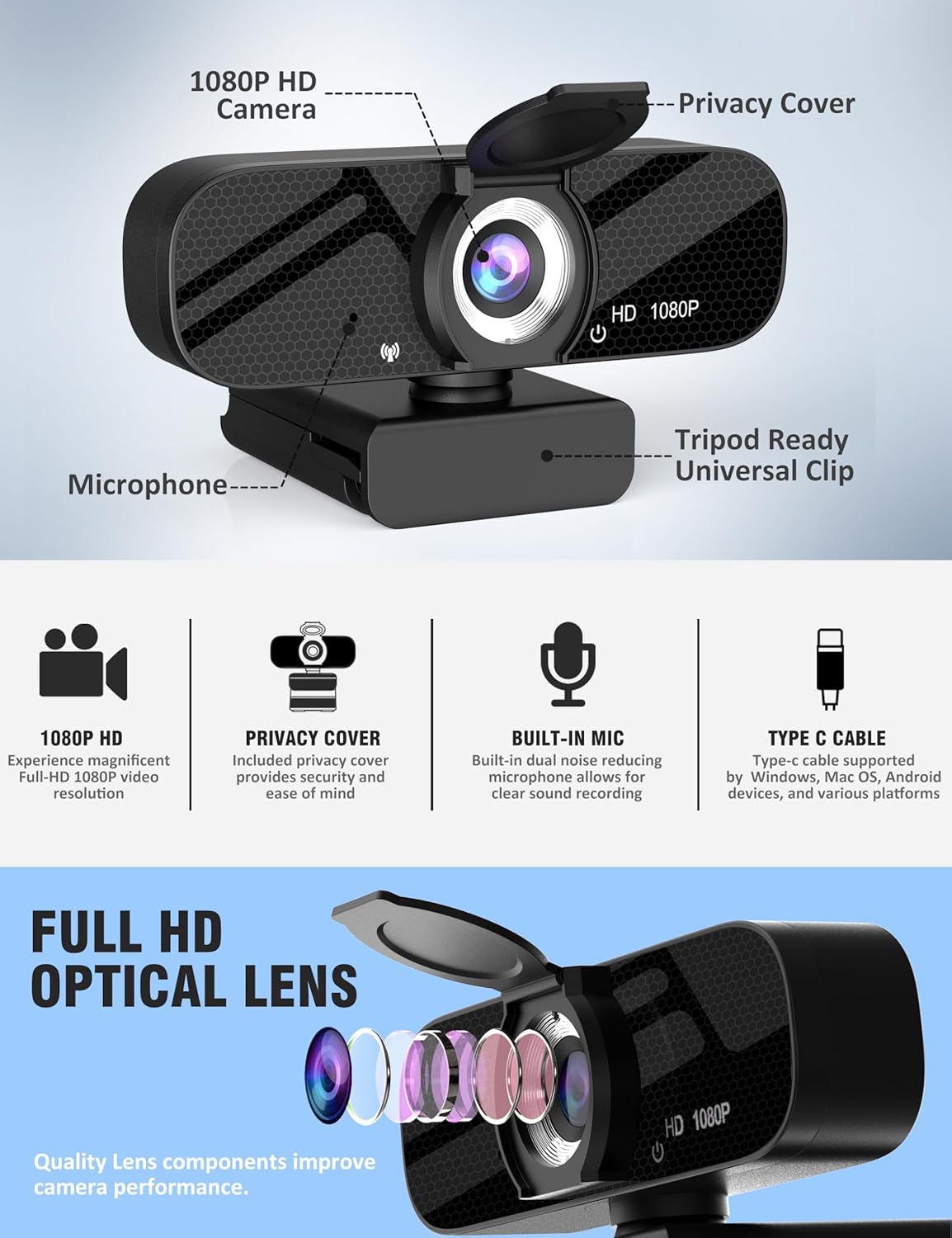Tewiky 1080P Full HD Webcam with Built-in Microphone and Rotatable Tripod, Video and Wide Angle Camera, Privacy Cover