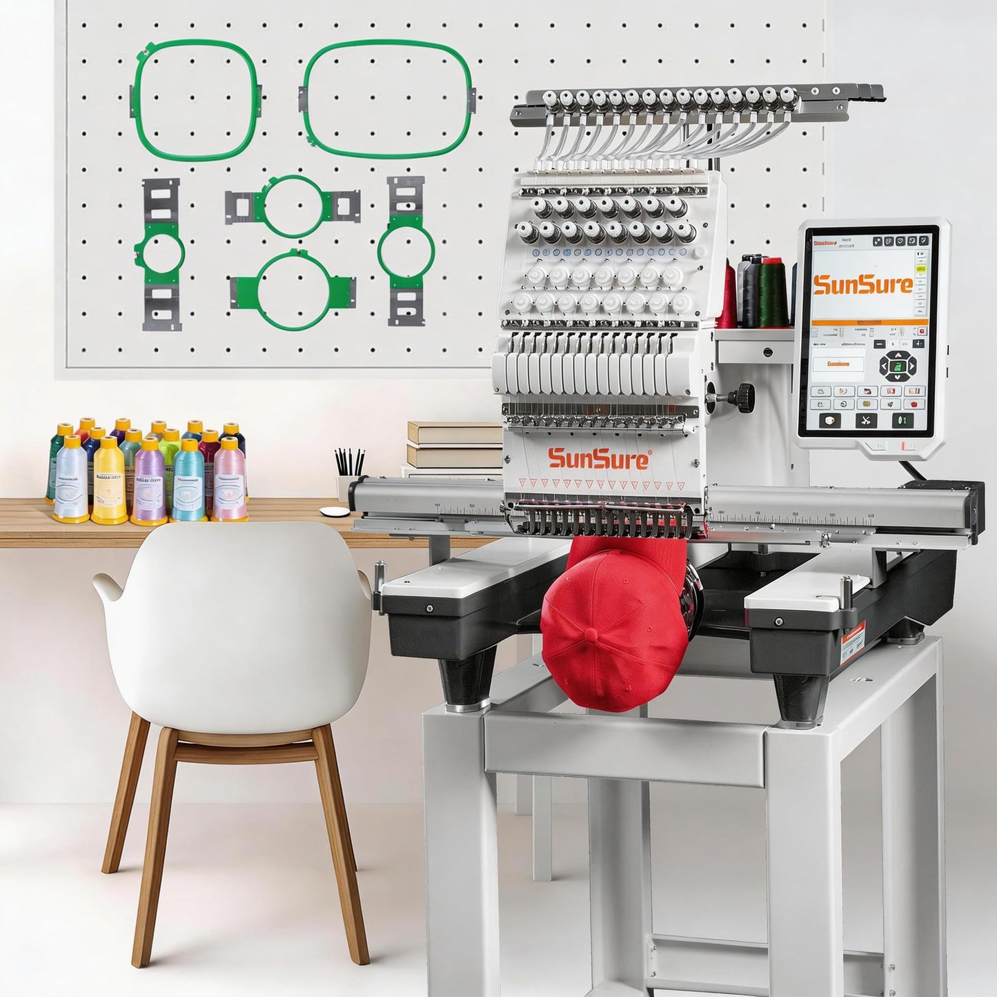 SUNSURE 15-Needle Super Silent Commercial Embroidery Machine, 24″ x 16″ Large Embroidery Area, 1200 SPM Speed, 12 inch Touchscreen, 3D&2D Cap,flat System Included, Pattern Free Design Support