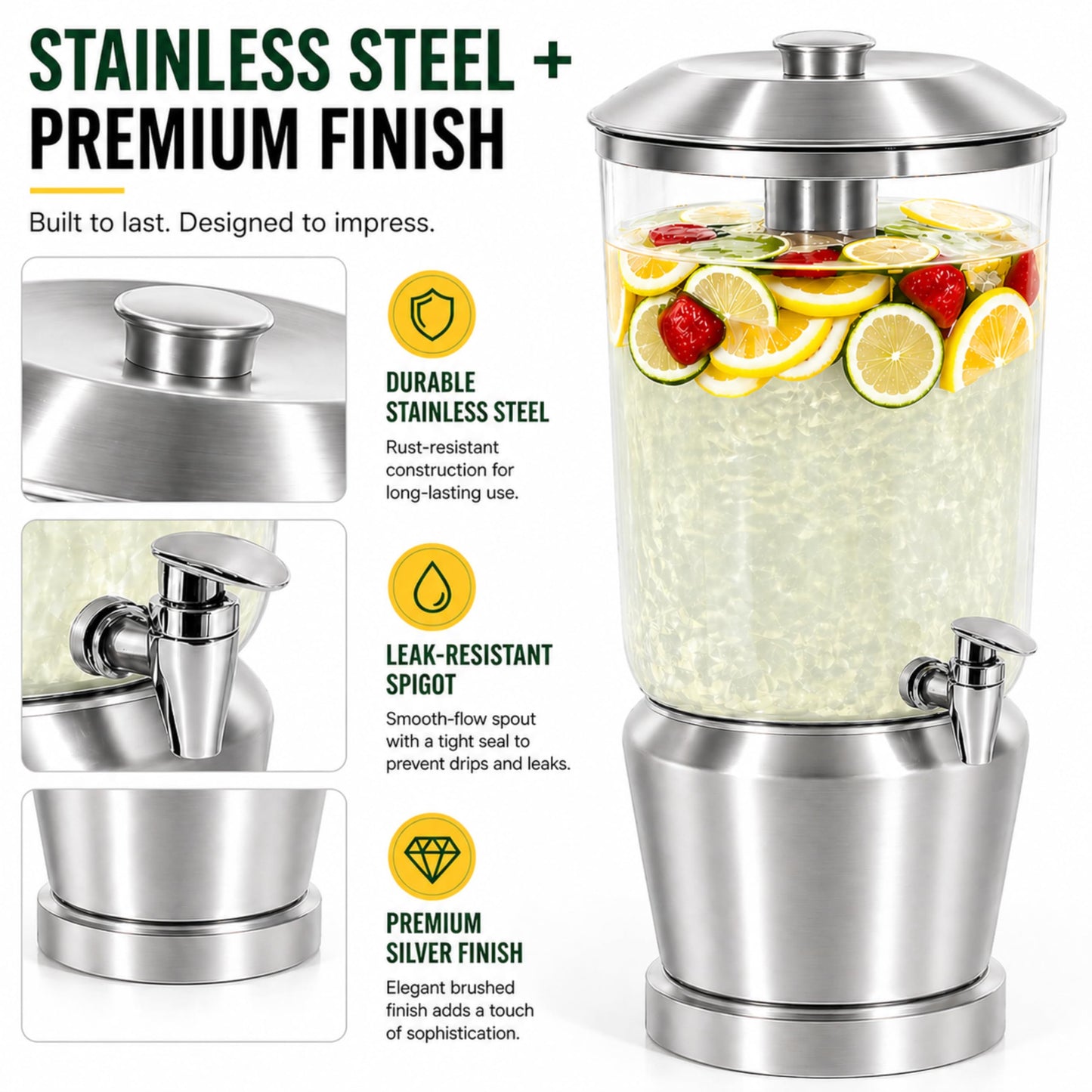 Drink Dispenser with Ice Chambers, Lemonade Tea Water Dispenser with Spigot, Stainless Steel Beverage Jar Jug, Perfect for Home Parties, Weddings, Gifts & Events (Silver, 3, Gallons)