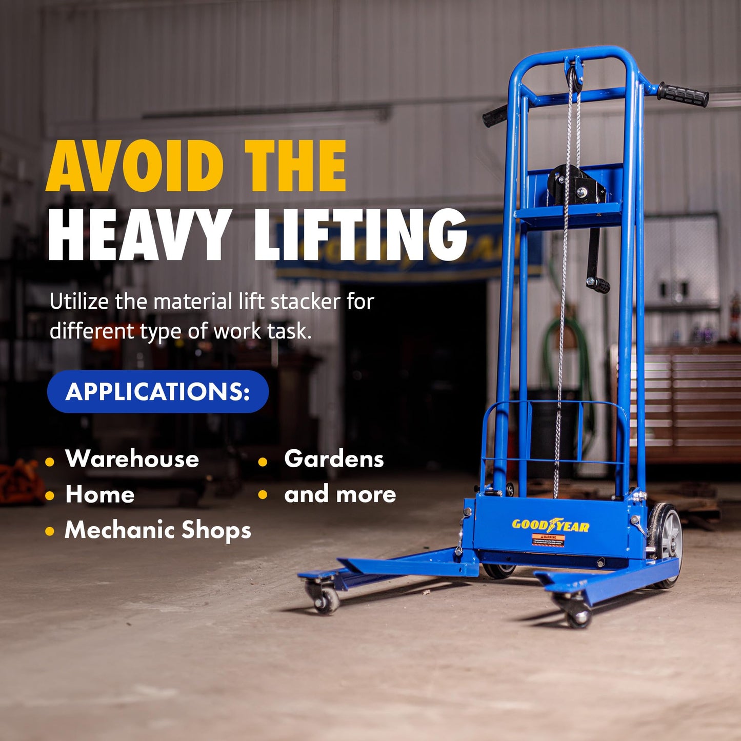 Goodyear Material Lift Winch Stacker, Pallet Truck Dolly, 330 Lbs 40" Max Lift w/ 8" Wheels, Swivel Casters [Patented]