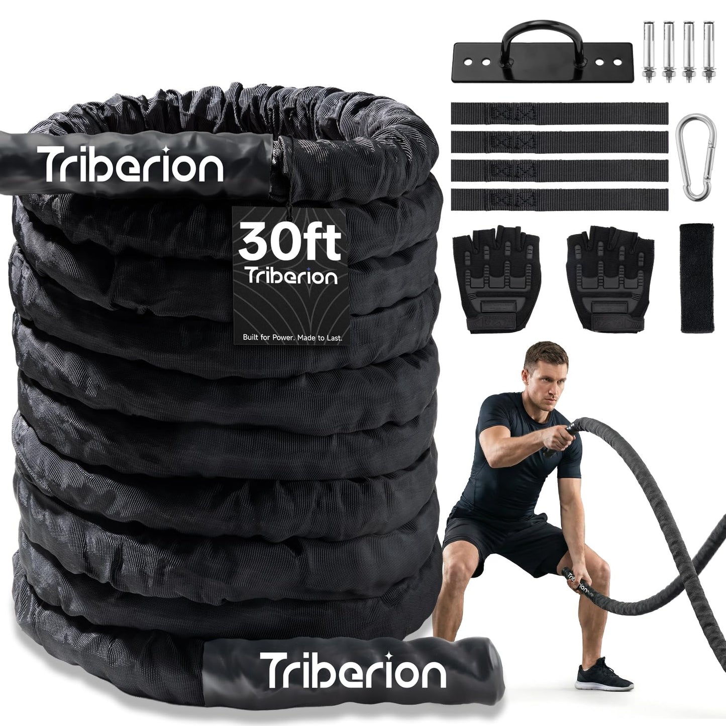 Battle Rope For Home Gym Workout - 1.26 Inch 30ft Heavy Weighted Training Exercise Ropes Fitness Equipment With Sleeve And Anchor Strap Kit For Outdoor Working Out