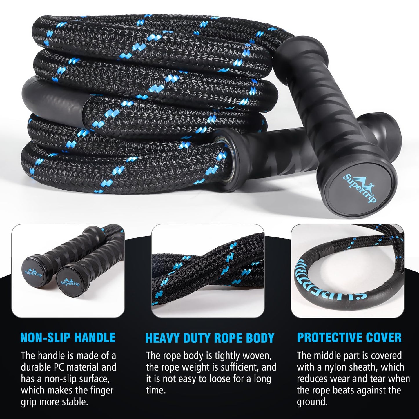 Supertrip Upgraded Weighted Jump Rope for Fitness Men Women Second Generation 360 Rotating Handles, 3.21LBS 3.38LBS 3.41LBS Polyester Heavy Skipping Rope for Exercise Workout Equipment