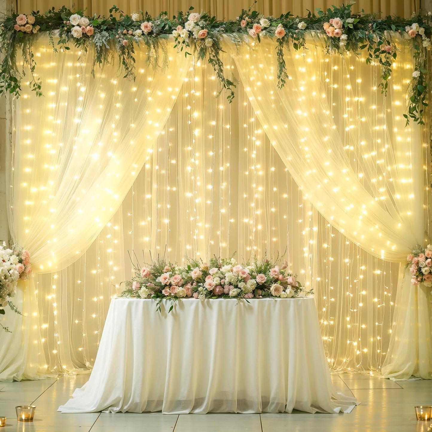 Tao-Ge 10ft 10ft x Champagne Sheer Tulle Backdrop Curtains with Lights String for Party Wedding Wrinkle Free Curtain