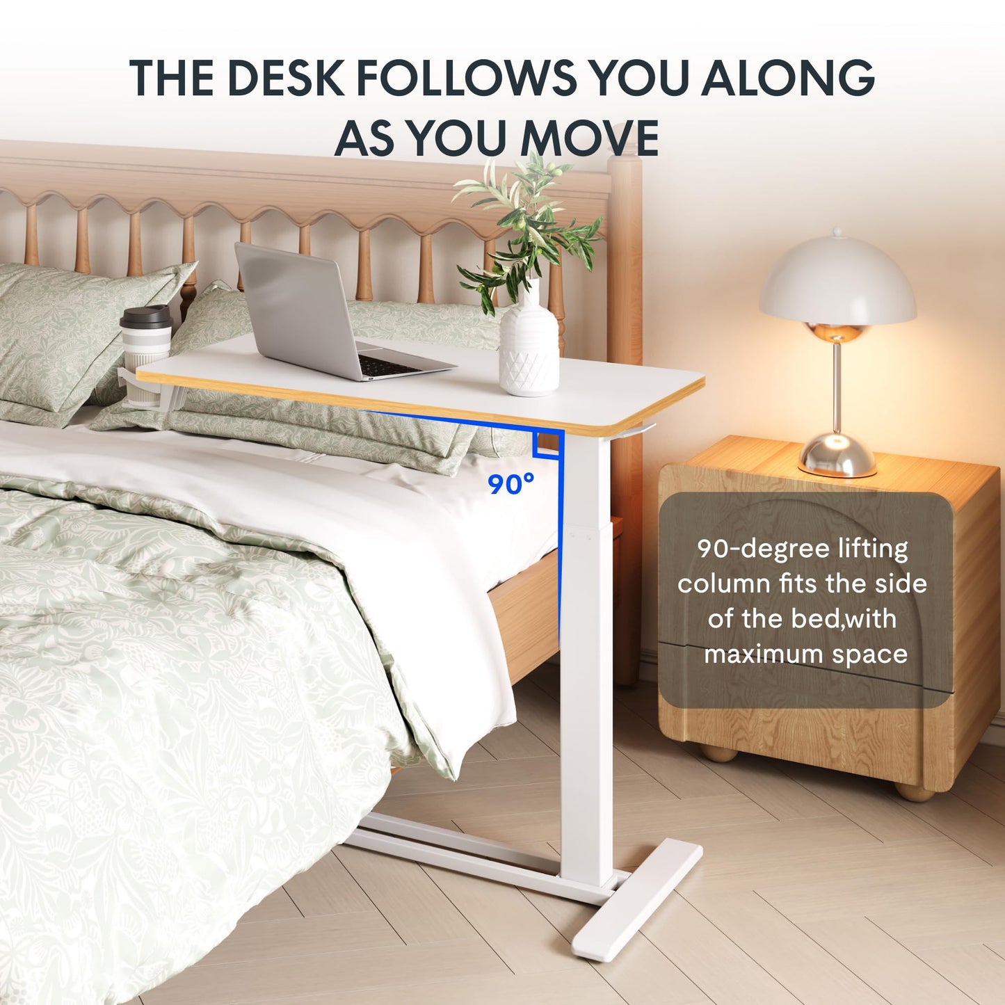 FLEXISPOT H7 Adjustable Overbed Bedside Table with Wheels Pneumatic Mobile Standing Laptop Desk Rolling Computer Cart Movable Overbed Table Hospital Home Use (31.5" W x 17.7" D, White Maple Large)