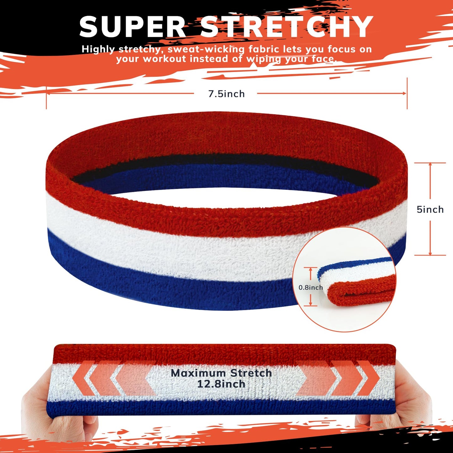 6-Pack Sweatbands Sports Headband for Men & Women - Moisture-Wicking Terry Cloth Headbands for Running, Basketball, Tennis, Gym & Workout - Non-Slip Sports Sweat Bands for Long Hair & Intense Training