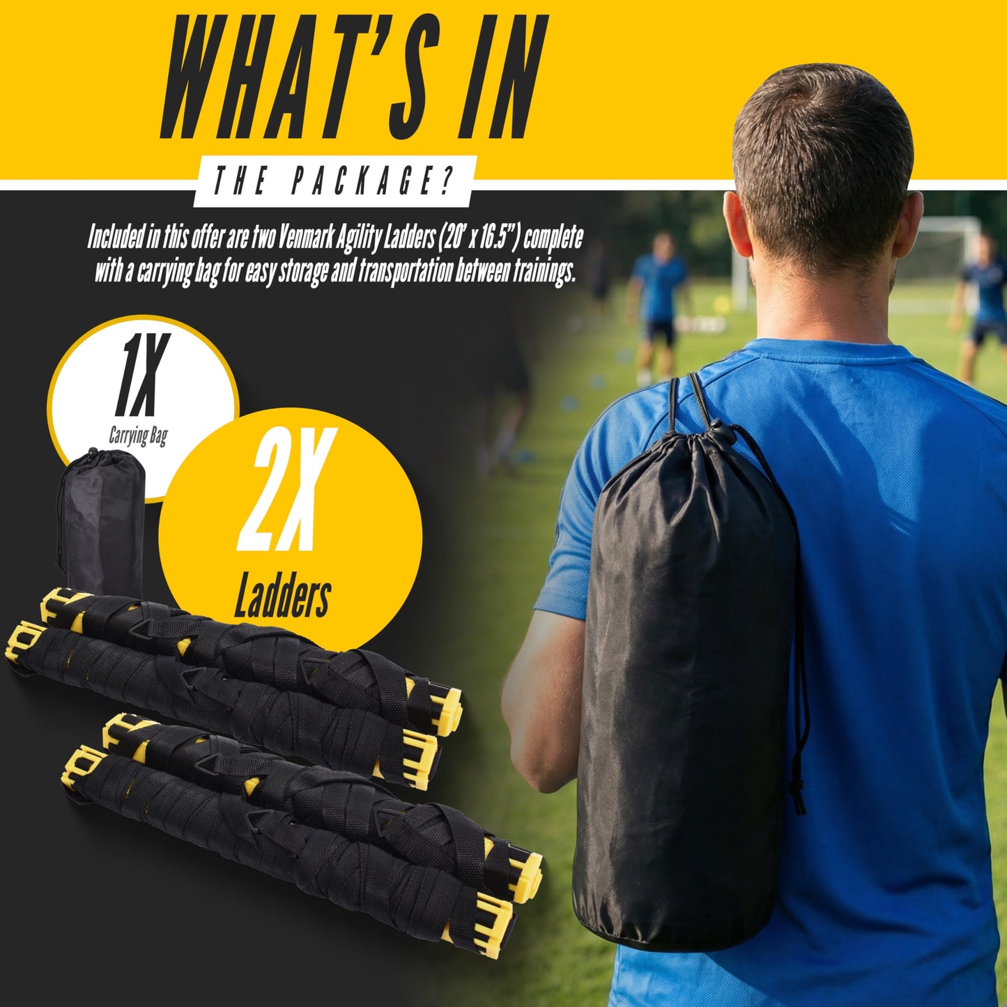 Venmark Agility Ladder, 2 Pack - Exercise and Training Ladder Set with Ground Stakes for Football, Soccer, Tennis, and More - Improves Speed & Fitness - Complete with Carrying Bag