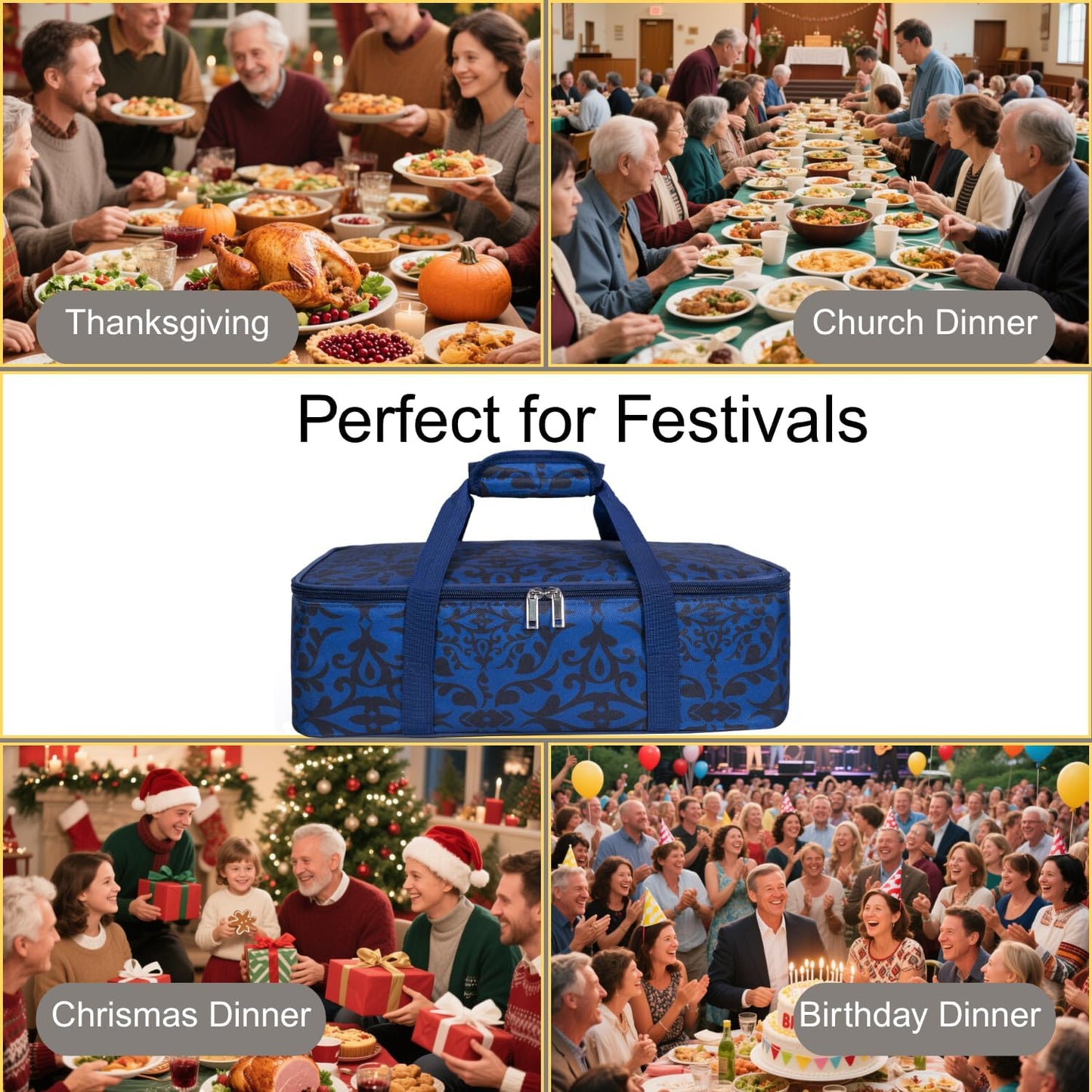Skiennix Insulated Casserole Carrier Bag - Portable Tote for Hot/Cold Food | Fits 9x13" Dish - Blue/Black
