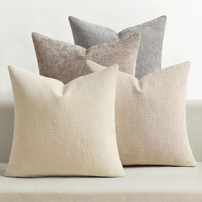 MIULEE Pack of 4 Couch Throw Pillow Covers 18x18 Inch Neutral Beige/Brown Soft Decorative Chenille Pillow Covers Farmhouse Accent Cushion Covers for Boho Spring Home Decor Sofa Bedroom Living Room