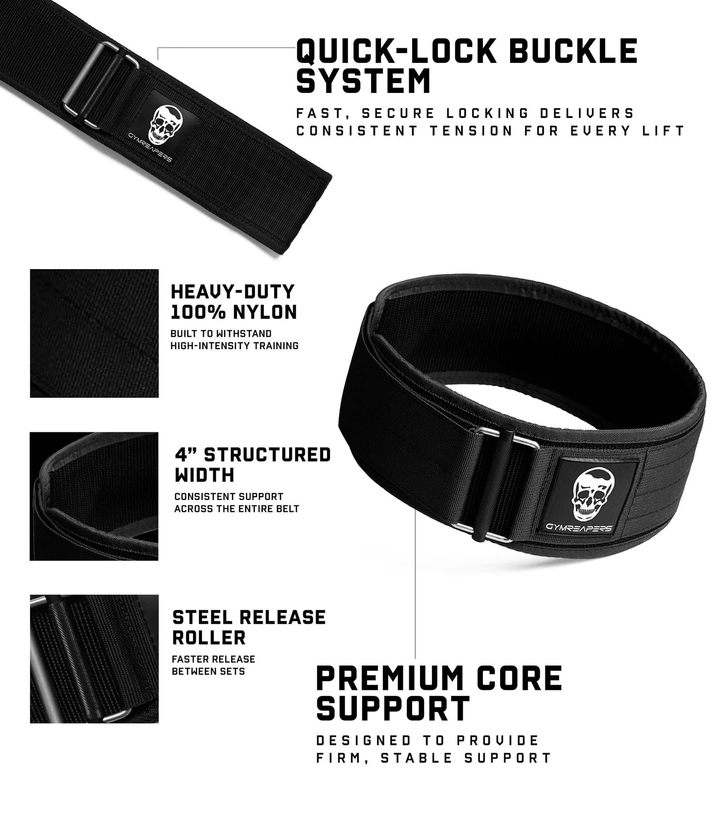 Gymreapers Quick Locking Weight Lifting Belt for Men Gym Belt for Powerlifting Deadlift Belt with 4 Inch Neoprene Metal Buckle Back Support Weightlifting Belt Women (Black, Medium)