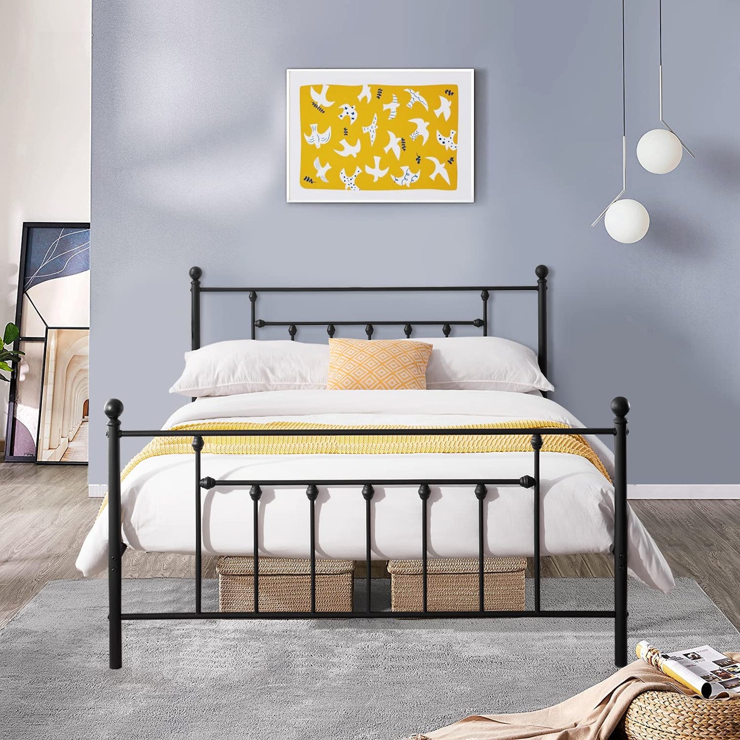 VECELO Full Size Metal Platform Bed Frame with Headboard and Footboard, Sturdy Steel Slat Support/No Box Spring Needed Mattress Foundation/Easy Assemble，Victorian Style, Pure White