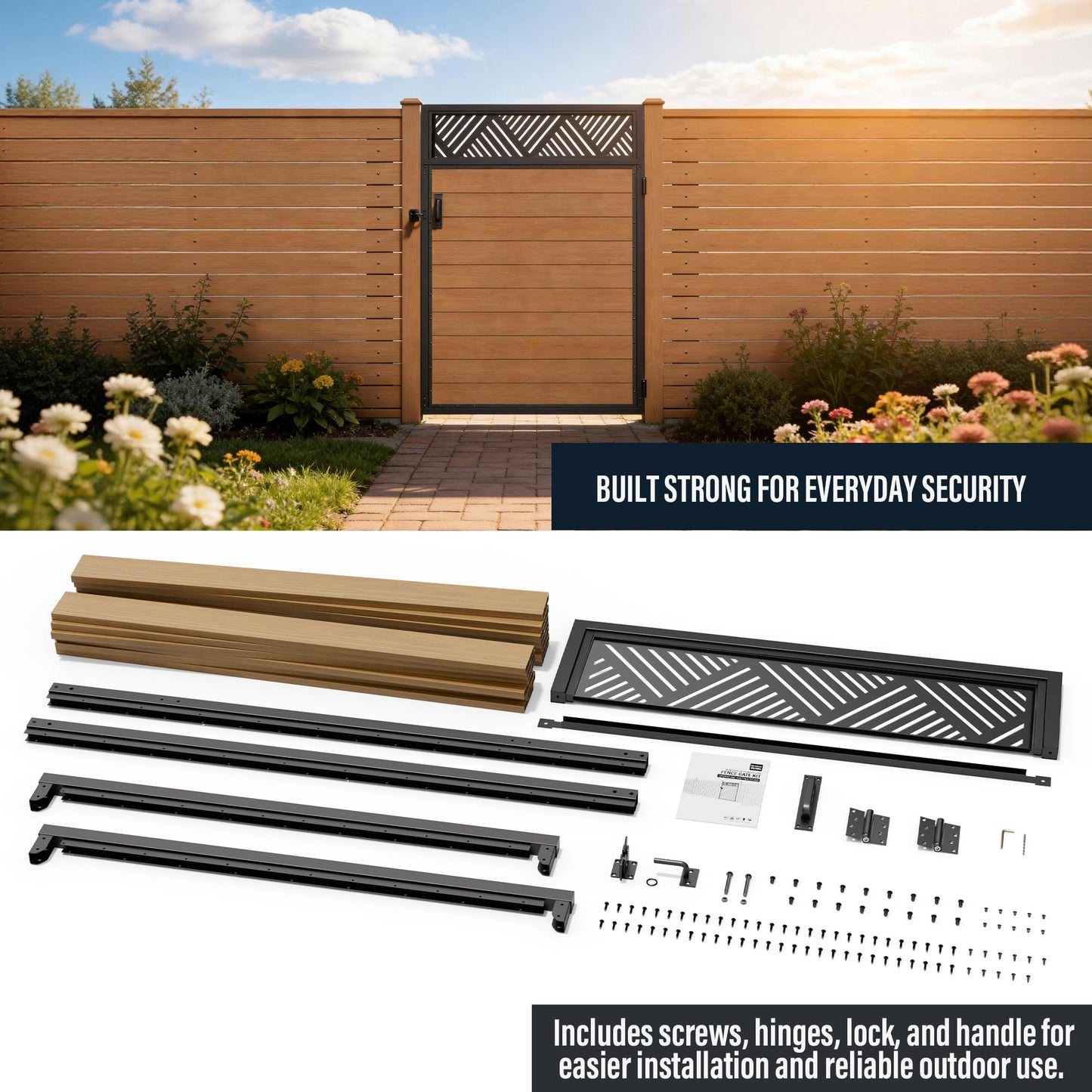 TORMIZ 4x6 FT (46.8"x70.8") 201 Stainless Steel Fence Gate Kit with Wood-Grain Aluminum Panels – Heavy Duty Anti-Sag Metal Gate Frame, Pre-Installed Left/Right Mount (All-in-One Kit, Panels Included)
