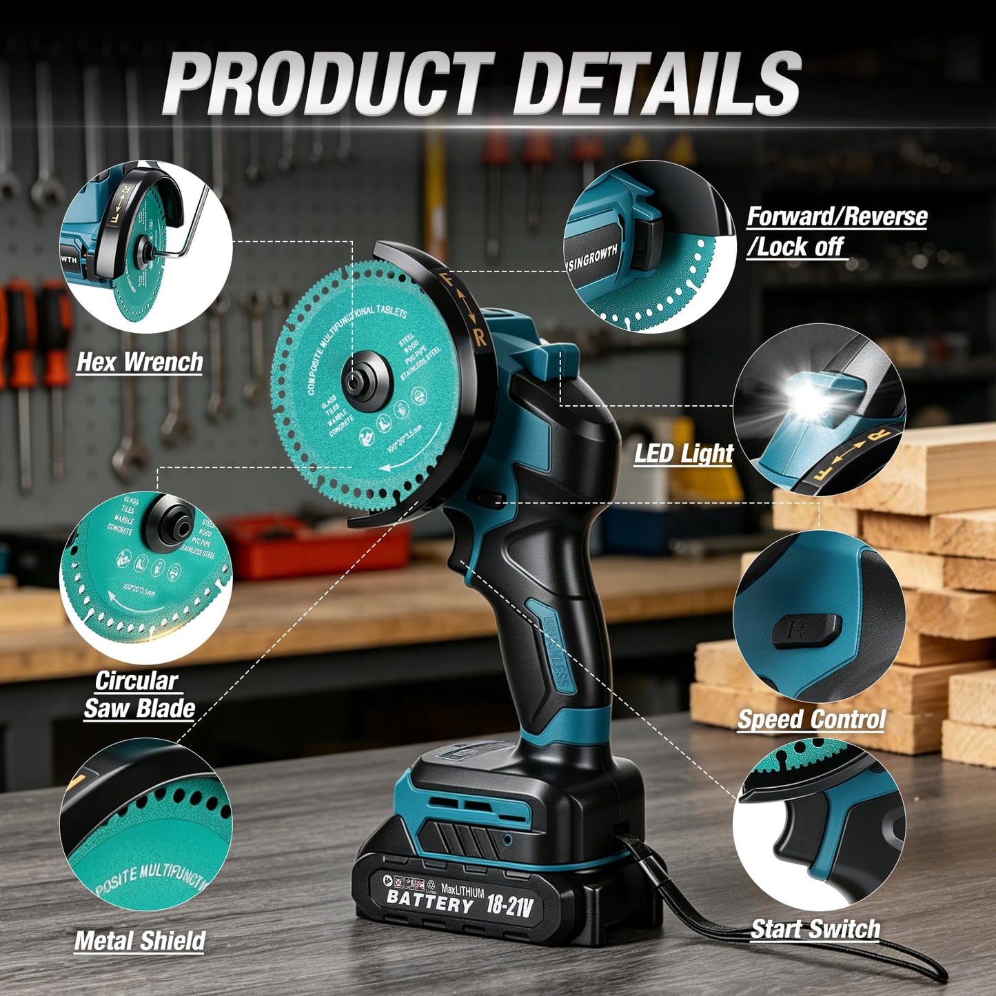 ISINGROWTH Cordless Cut Off Tool with 2 Batteries, 4-Inch 21V Brushless Mini Saw Kit, 3-Speed Multi-Material Cutter for Metal Wood Tile PVC, LED Light for DIY Repairs