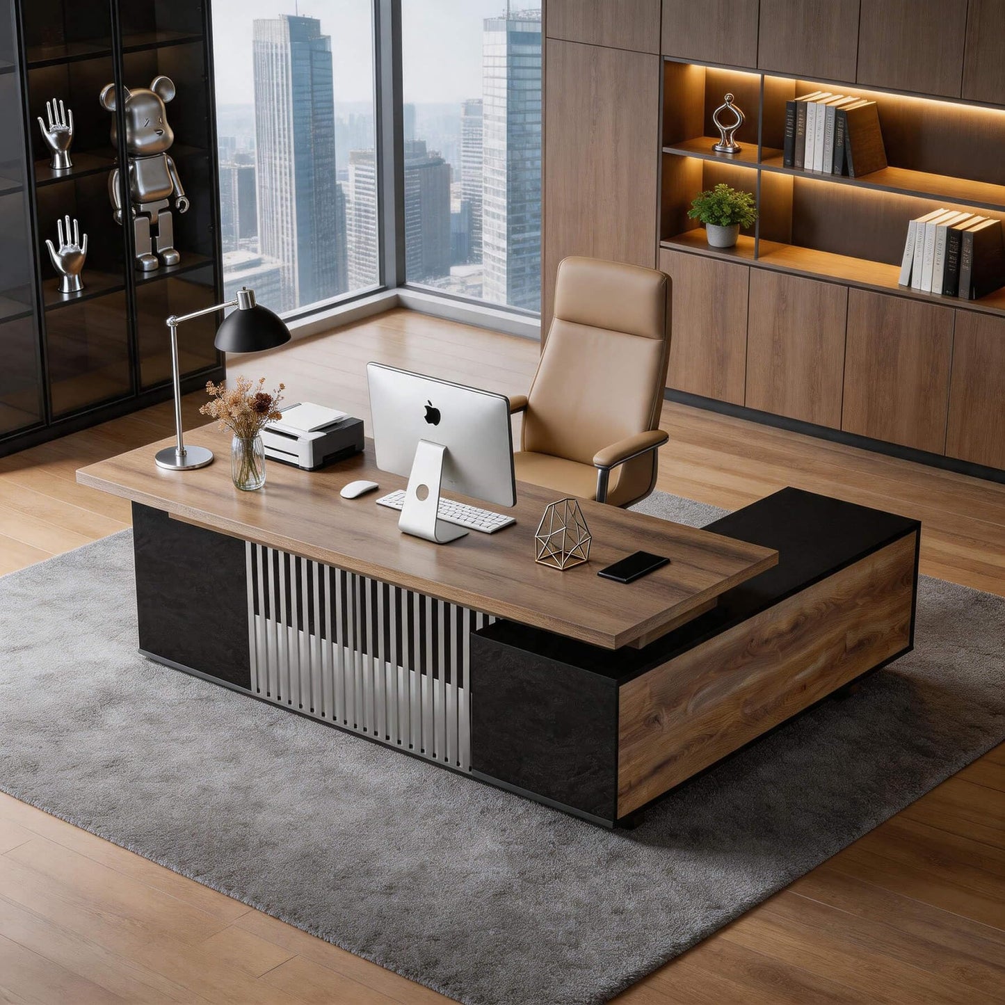 70.86 Inch Large Executive Desk with Drawers Cabinet, L Shaped Office Desk, Computer Desk with Universal Charging Ports and Cable Management for Business Furniture Set Workstation for Home Office
